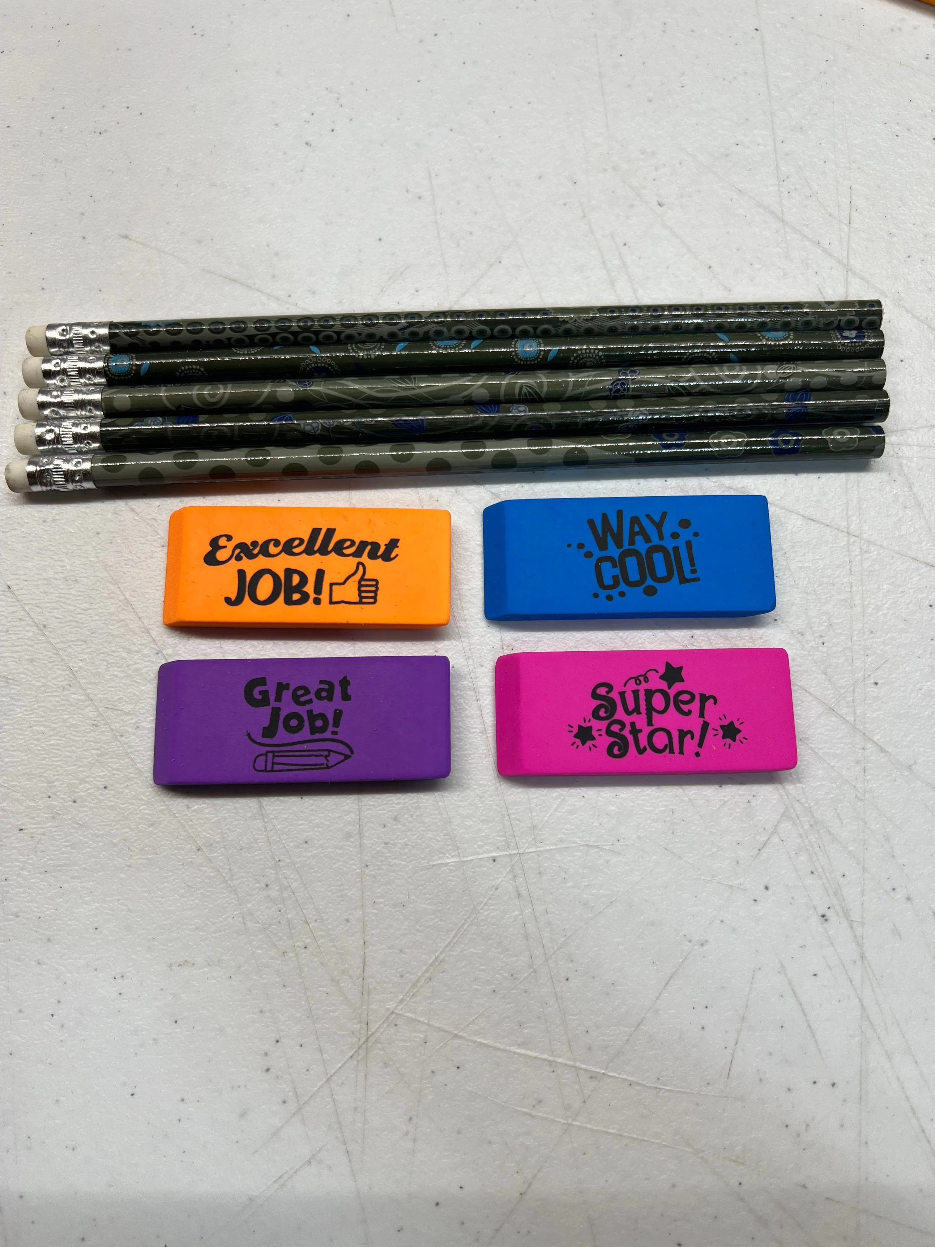 Product image for Motivational Pencil & Eraser Set – 5 Pencils + 4 Fun Erasers