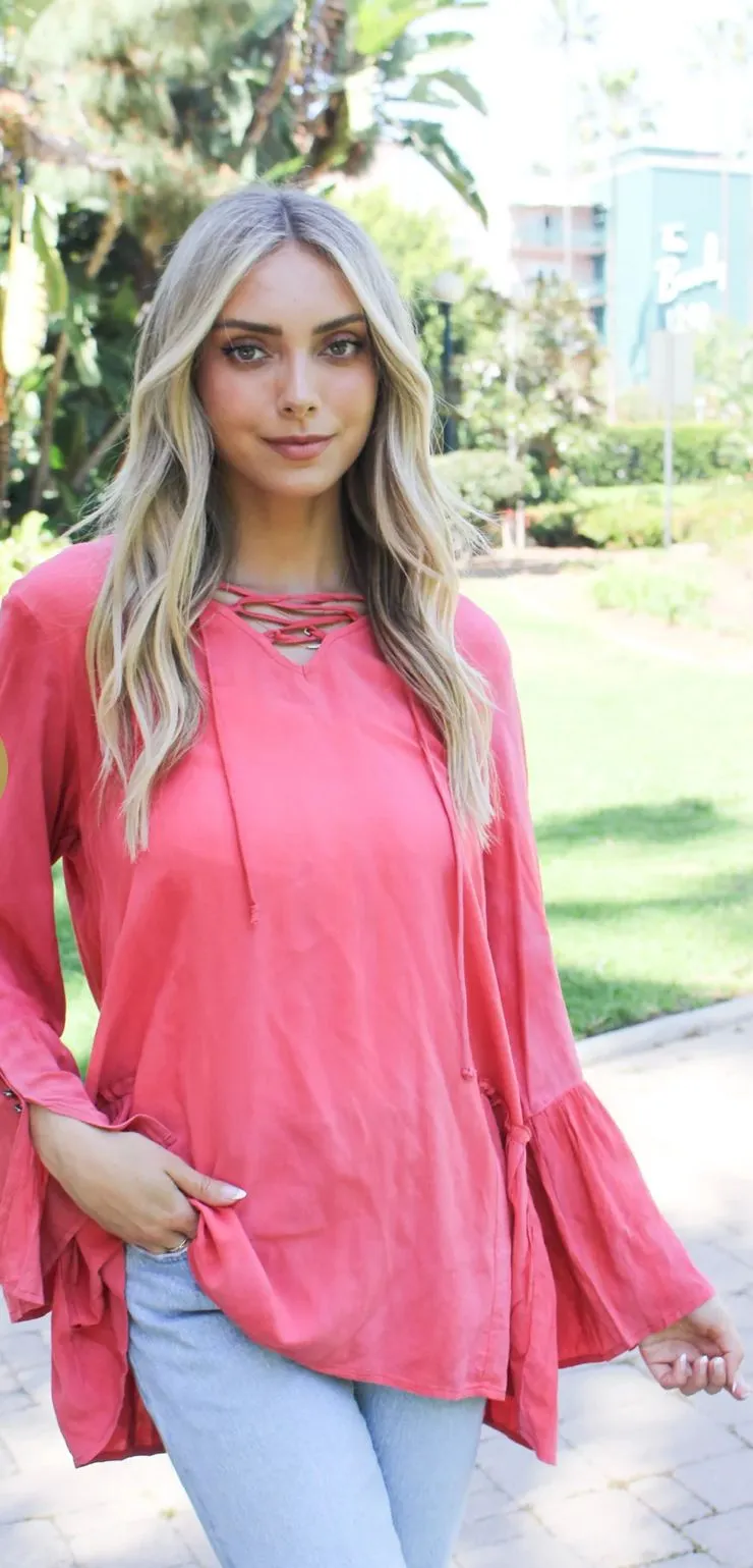 Product image for 49. LACE UP LONG SLEEVE V-NECK -MEDIUM