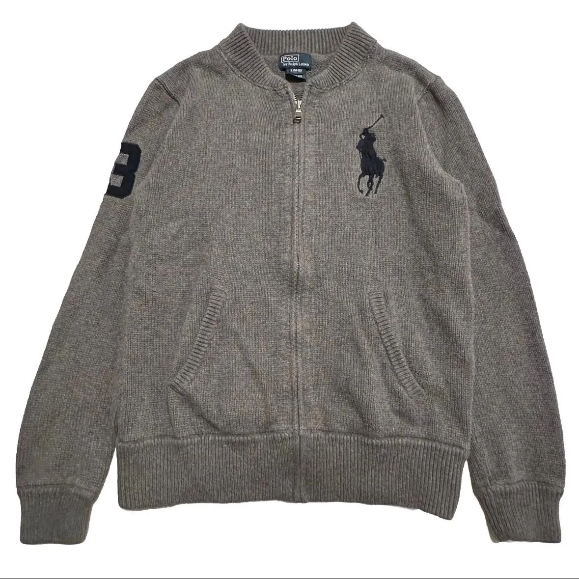 Product image for Vtg Polo Ralph Lauren Big Pony Zip Up Sweater Gray Boys Cotton Knit Size Large 14/16 - 17.5x21.5