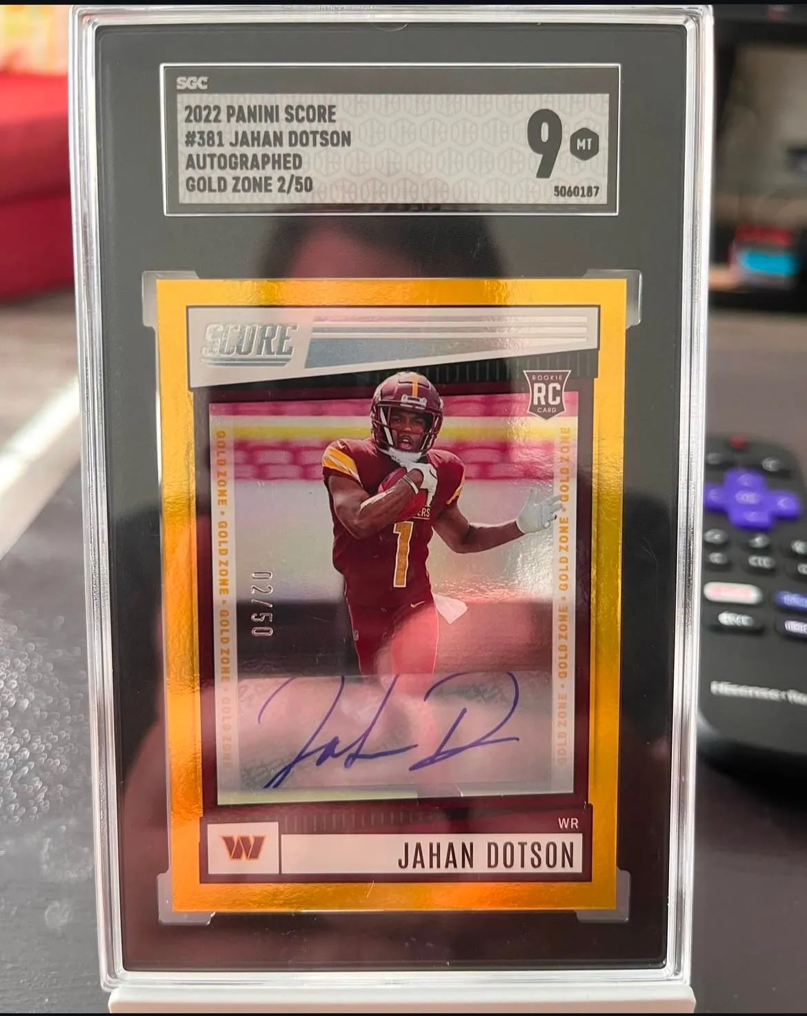 Product image for 2022 Panini Score Jahan Dotson RC Gold Zone 02/50 Auto SGC 9 - Commanders/Eagles