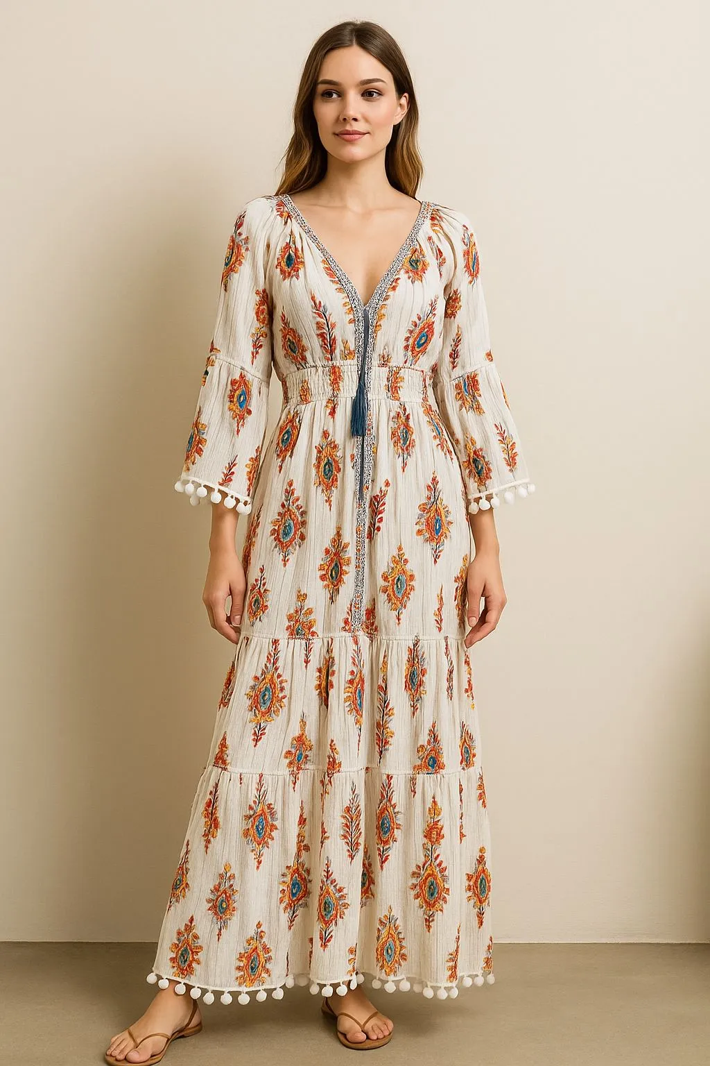 Product image for 925. Bohemian Cream Maxi Dress with Tassel Accents