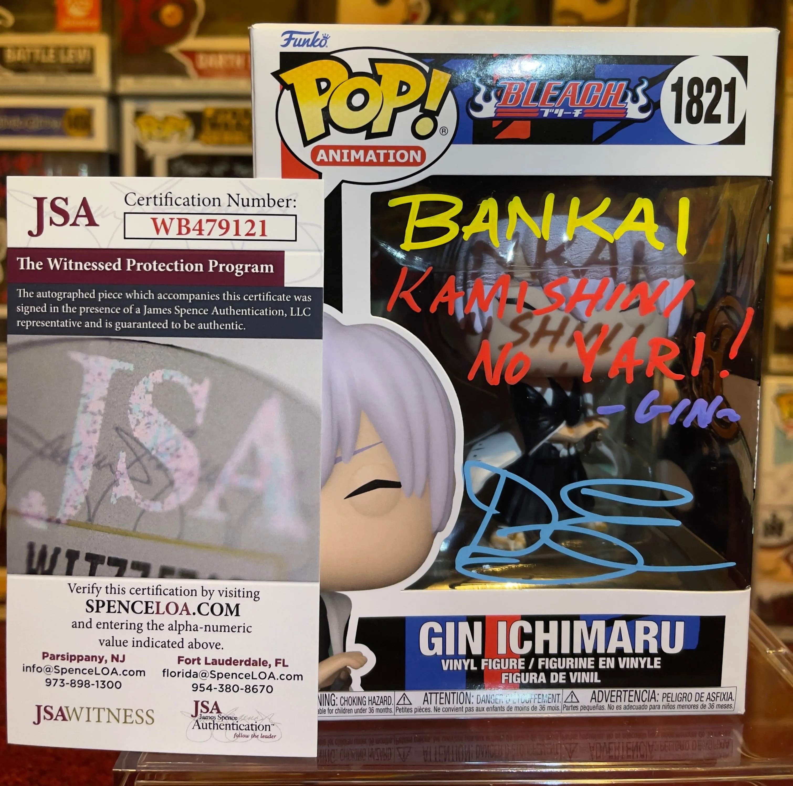 Product image for Bleach Anime Gin Ichimaru #1821 Signed & Quoted By Doug Erholtz Funko Pop JSA COA
