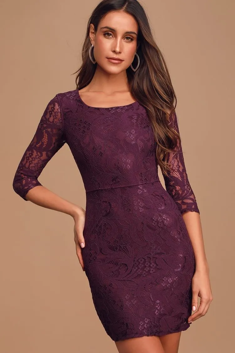 Lulus Dark Purple All For You Lace Lined 3/4 Sleeve Bodycon Mini Dress SIZE  SMALL  Whatnot: Shop, Sell, Connect
