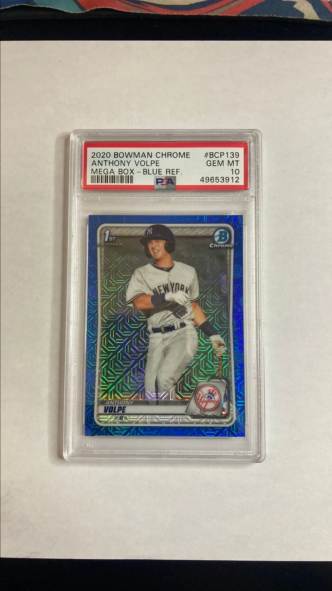 Product image for 2020 Bowman Chrome Anthony Volpe PSA 10 Mega Box Blue Mojo Refractor /150