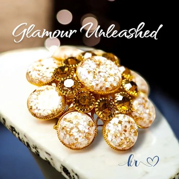 Product image for Vintage Confetti Glitter Lucite Topaz Colored Rhinestones 2 3/16”  Brooch