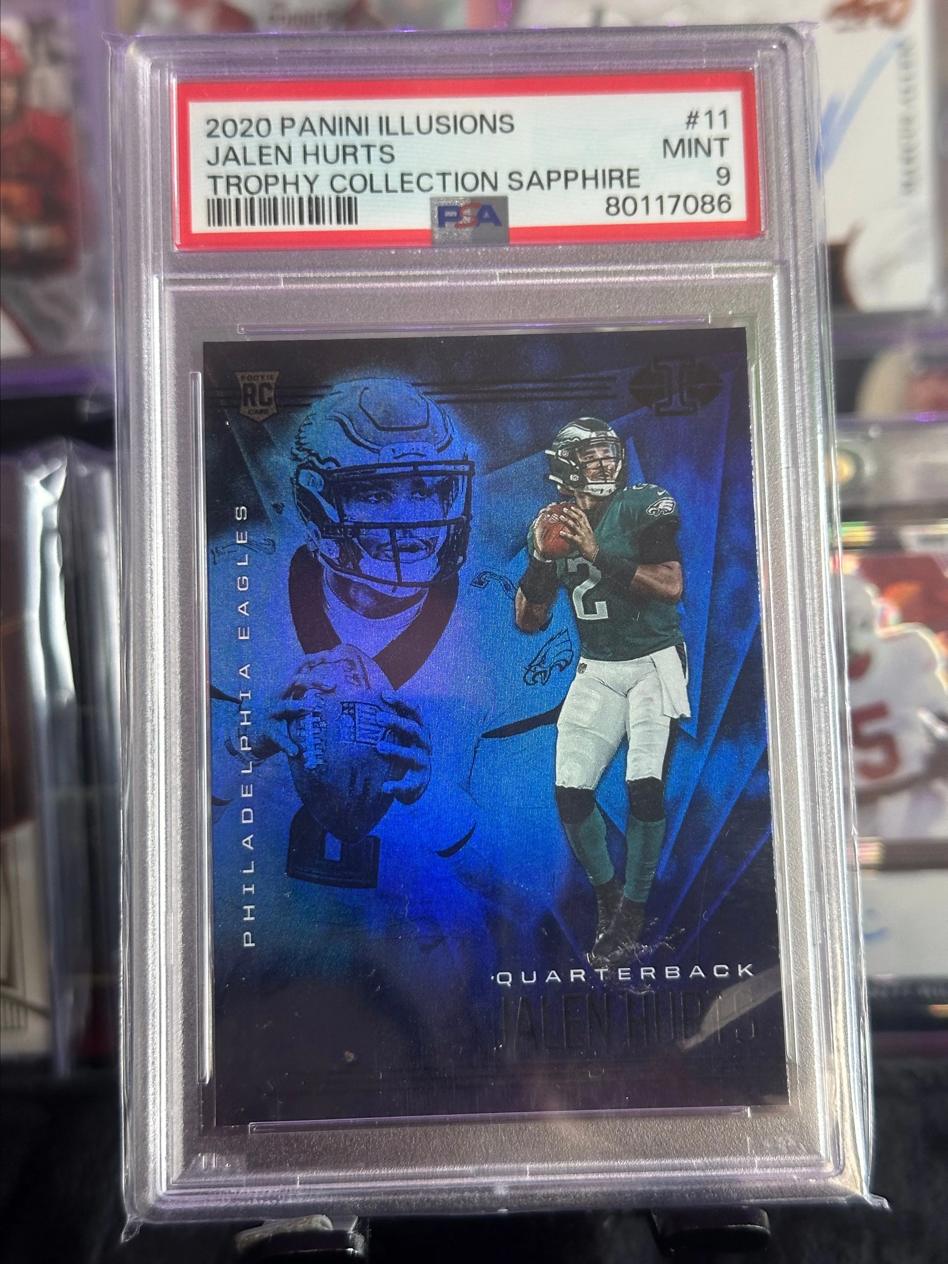 Product image for 2020 PANINI ILLUSIONS JALEN HURTS BLUE ROOKIE CARD ~ #11 PSA 9
