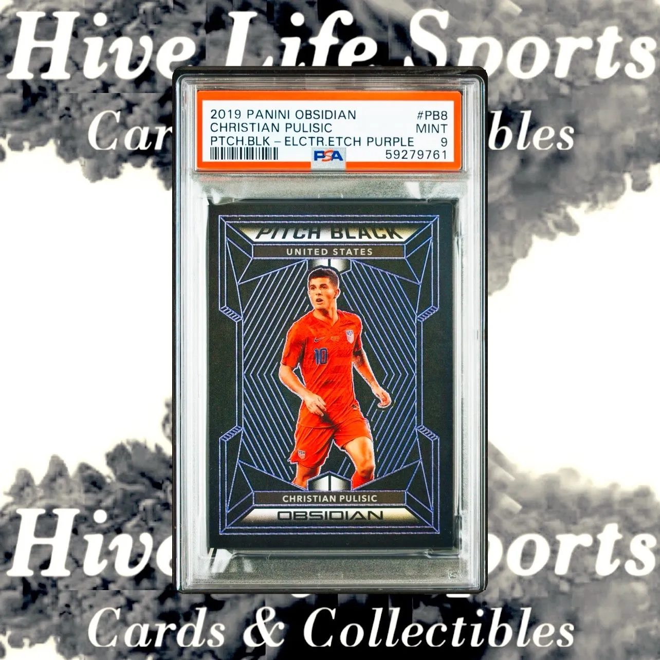 Product image for Christian Pulisic 2019-20 Obsidian Pitch Black Purple /65 #PB8 USA PSA 9