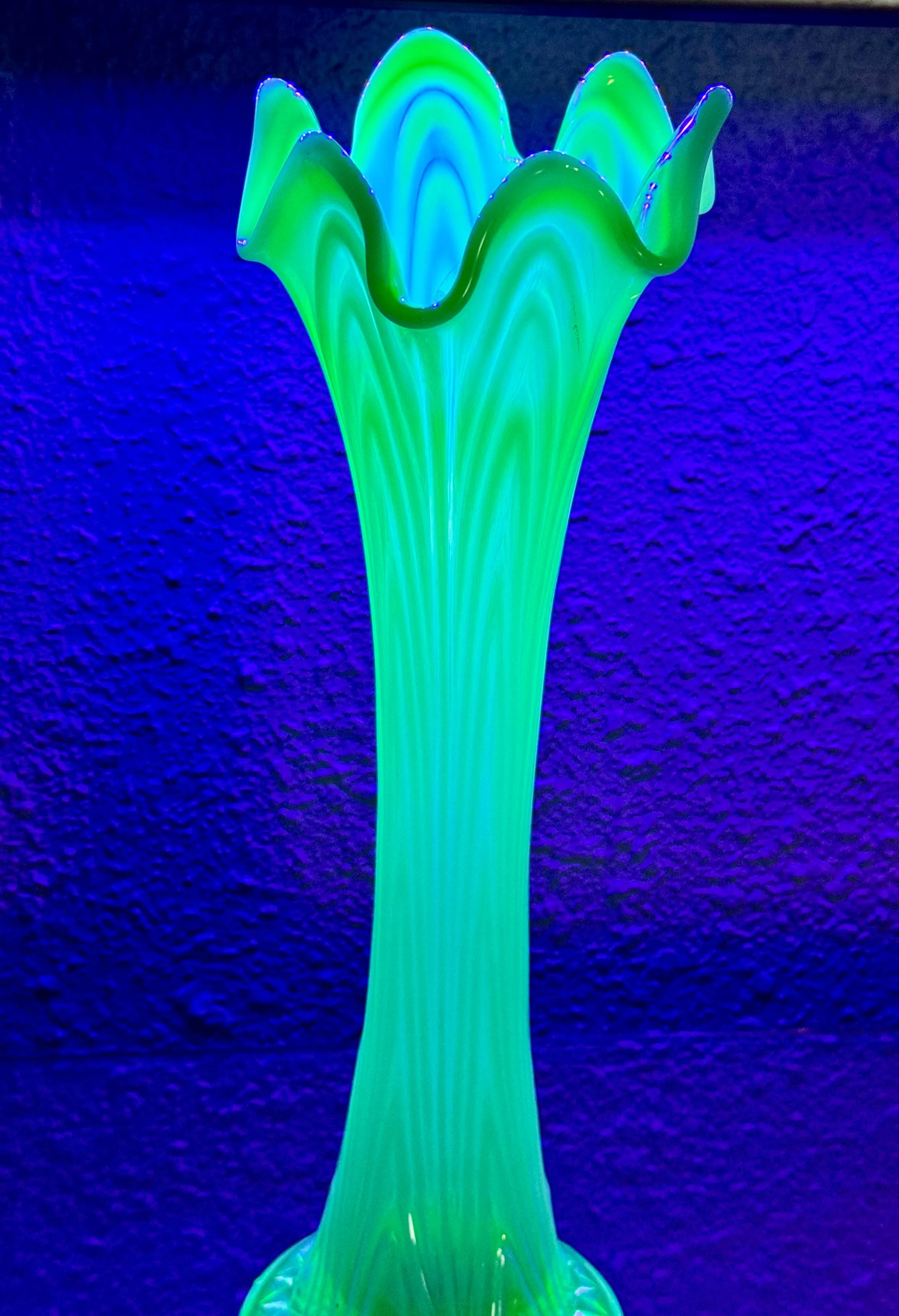 Product image for FENTON SWUNG VASE REVERSE DRAPERY GREEN OPALESCENT 1907 ART GLASS 11" TALL