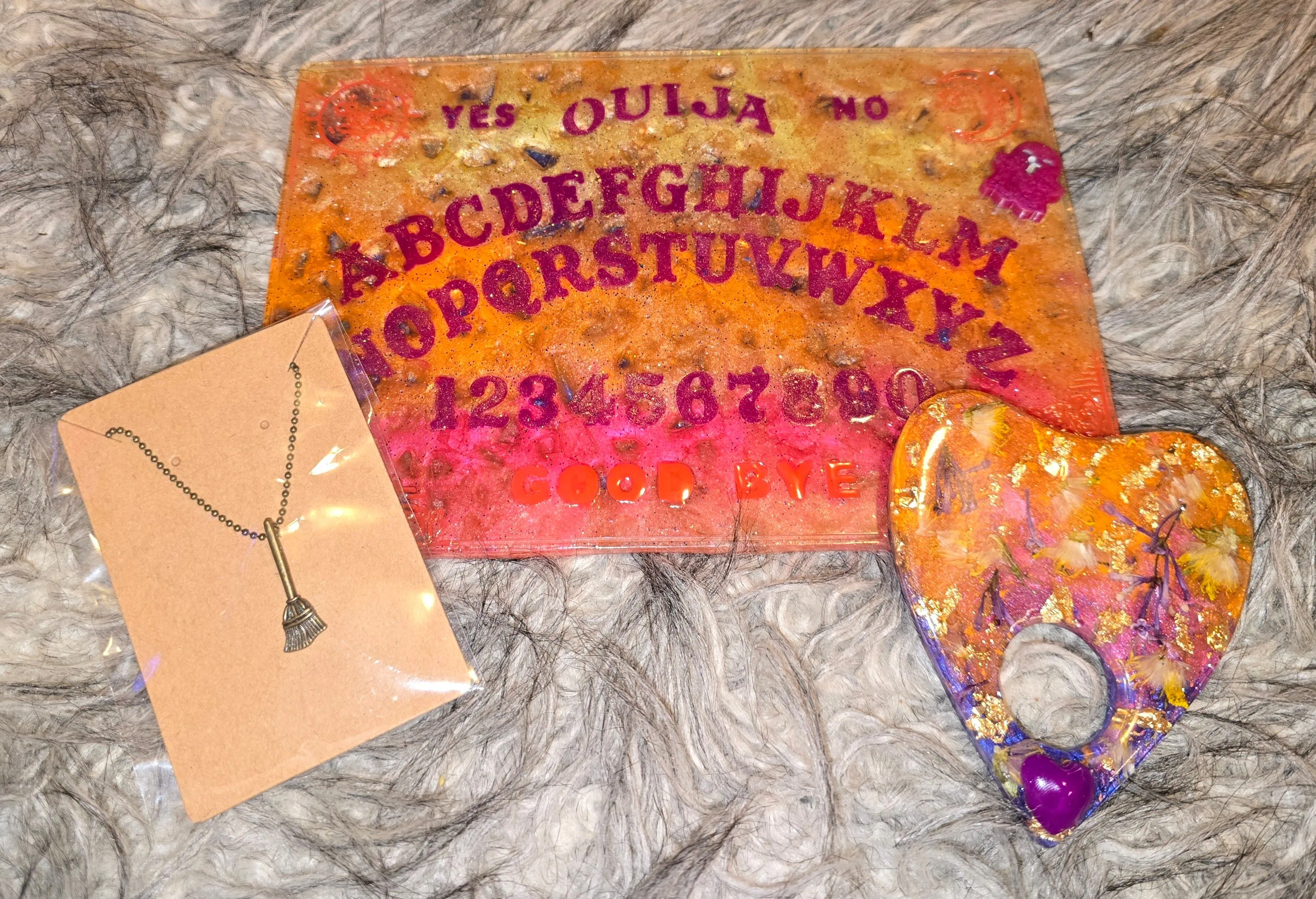 Product image for Handmade Real Flowers GLOW In The Dark Ouija Board, Planchette, & Necklace Set