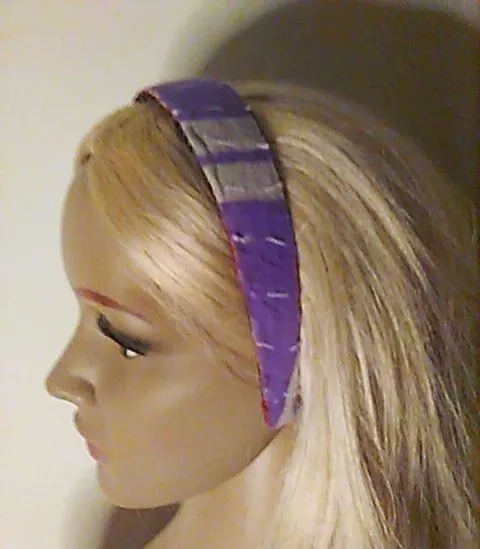 Product image for H504. Headband Kantha Hard Surface Purple White Upcycled Raw Edges New