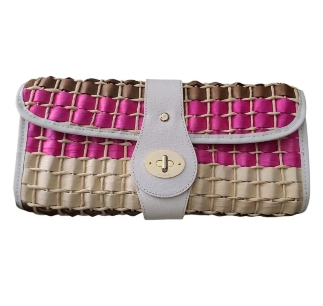 Product image for Kate Spade Straw & Leather Clutch Pink Brown Beige Twist Lock Bag 12x6" Raffia