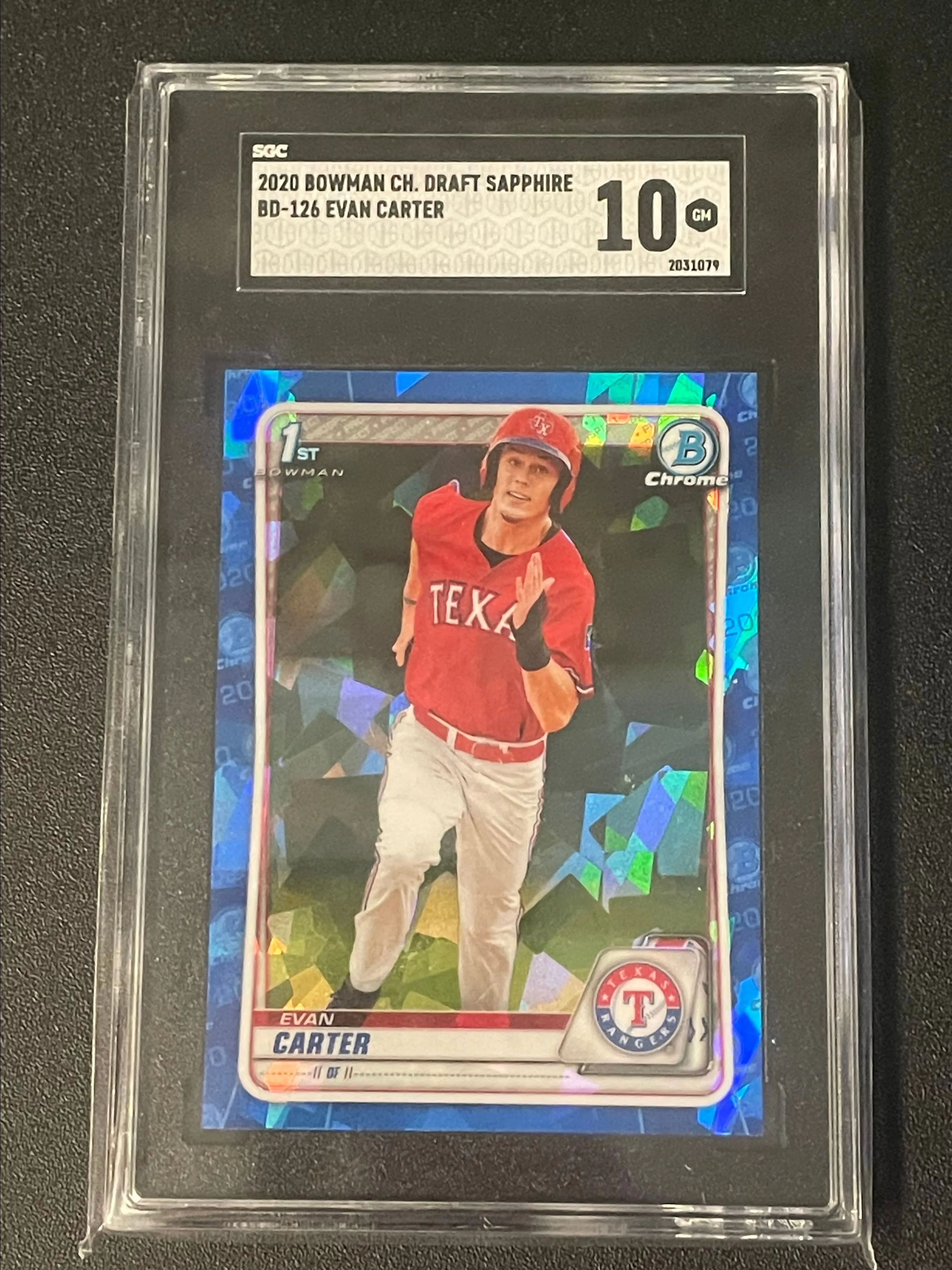 Product image for 2020 Bowman Chrome Draft Sapphire Evan Carter SGC 10 - Texas Rangers