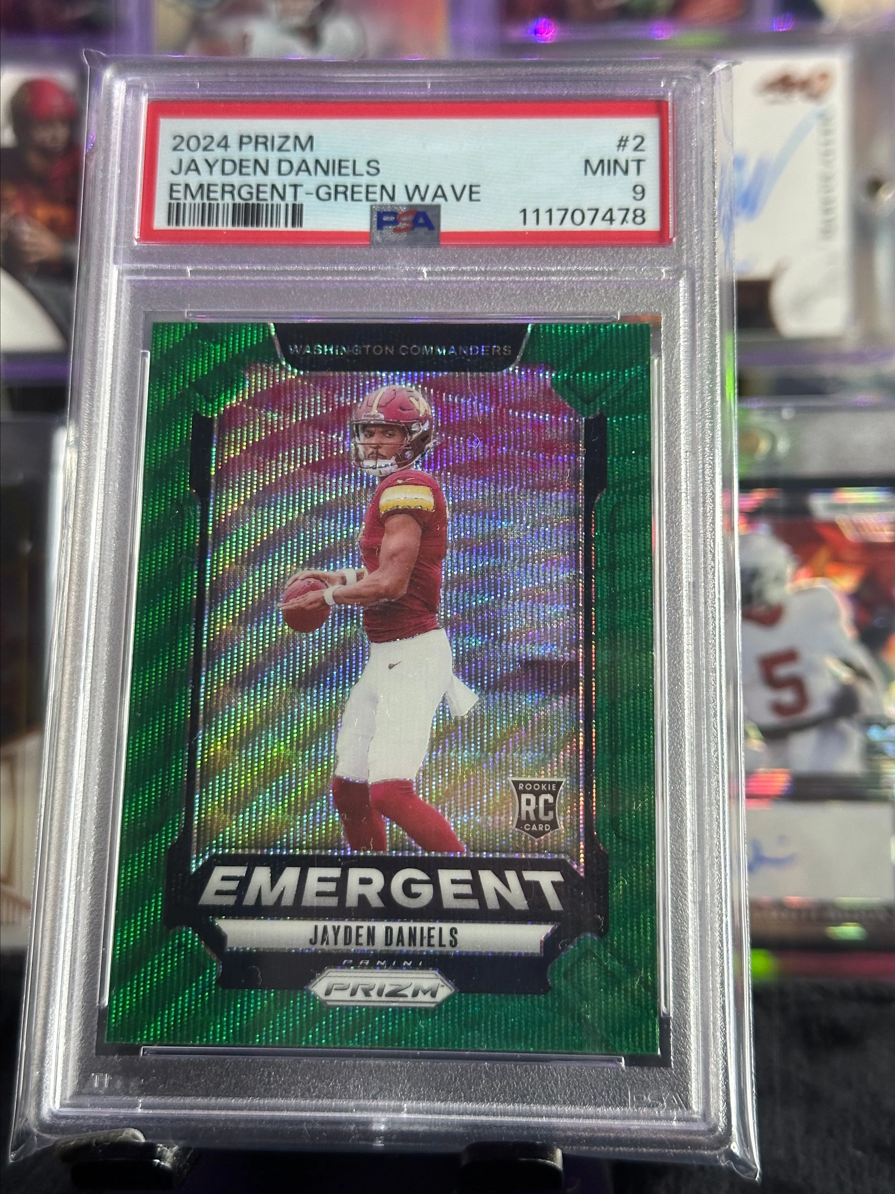 Product image for 108884287 Jayden Daniels 2024 Panini Prizm Green Wave RC Rookie 347 PSA 9 MINT