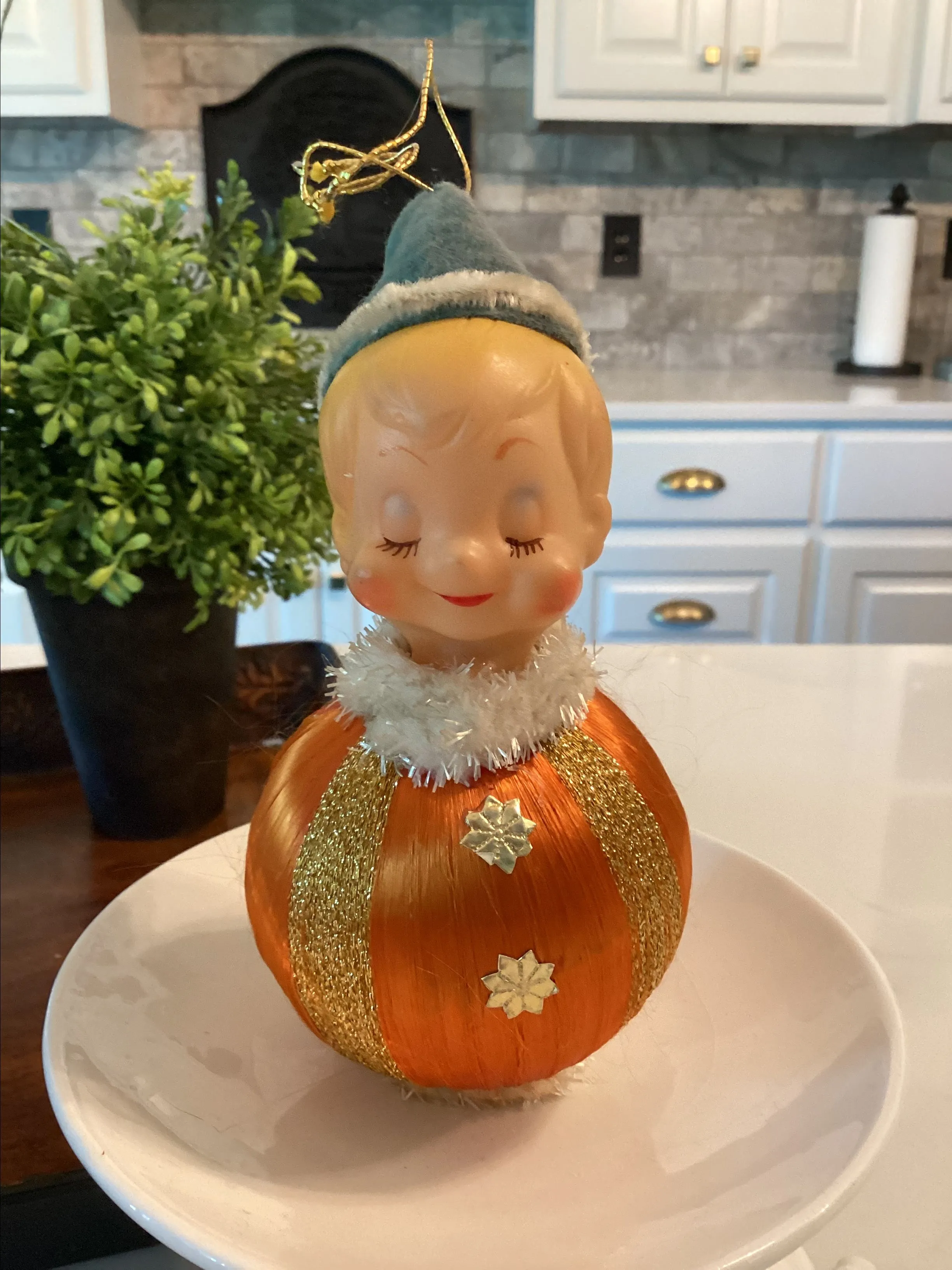 Product image for 33.  Vintage satin ball ornament with pixie elf head - orange