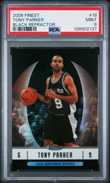 Product image for 2006-07 Topps FINEST TONY PARKER Black REFRACTOR /99 #19 PSA 9