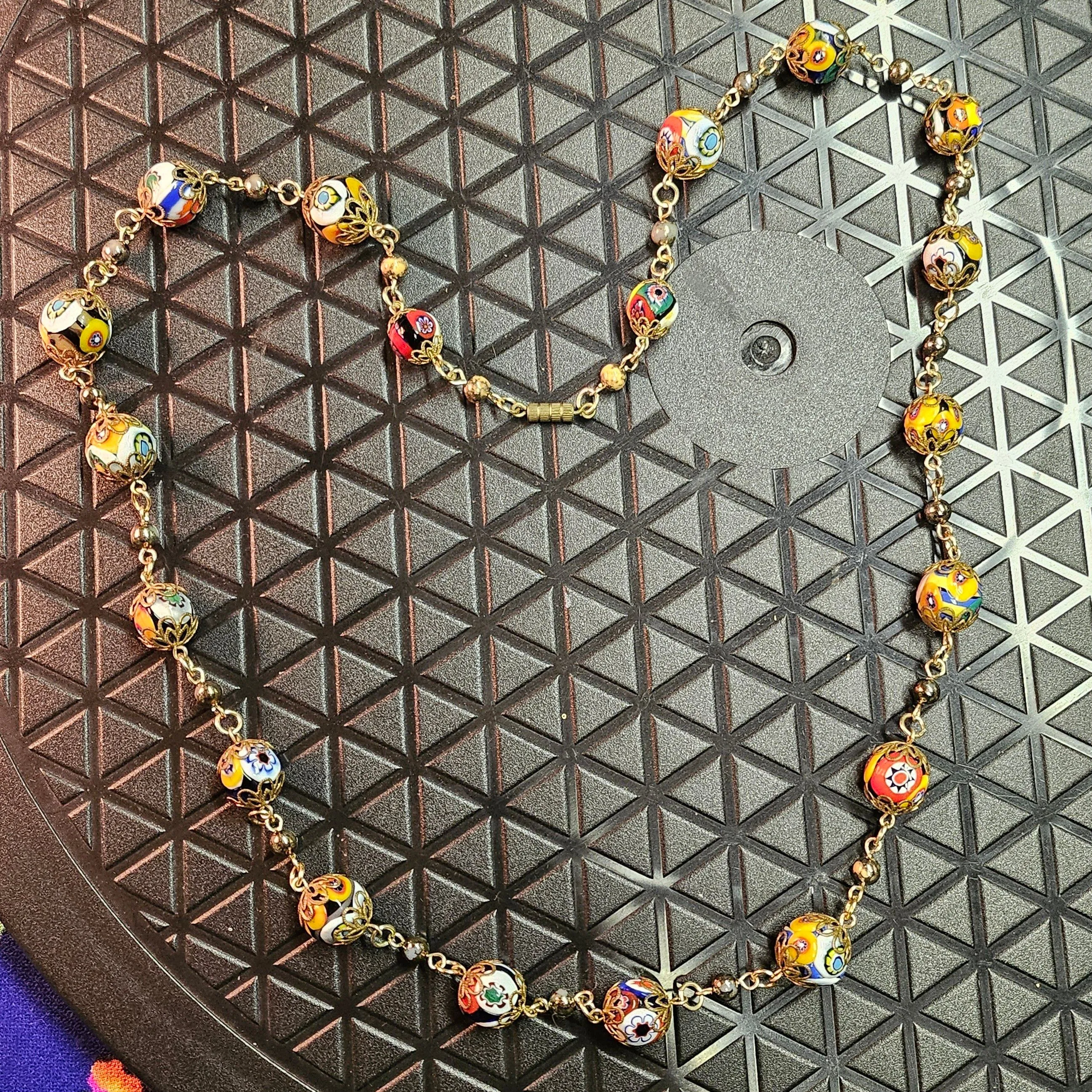 Product image for 30" Long Vintage Murano Millefiori Murrine Cut Cane & Metal Large Small Beads Barrel Clasp Gold Tone