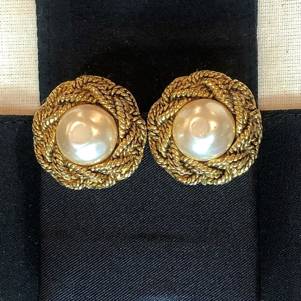 Product image for CHANEL 24k Gold Plated Braid Encircled Cream Faux Mabe Pearl Clip-On Earrings