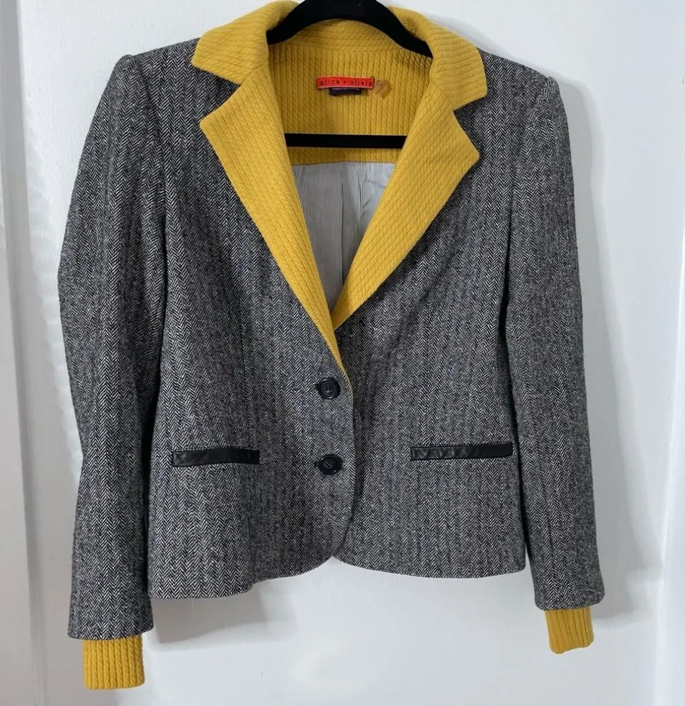 Product image for 165. Alice + Olivia Herringbone Blazer Virgin Wool Silk Leather Blend