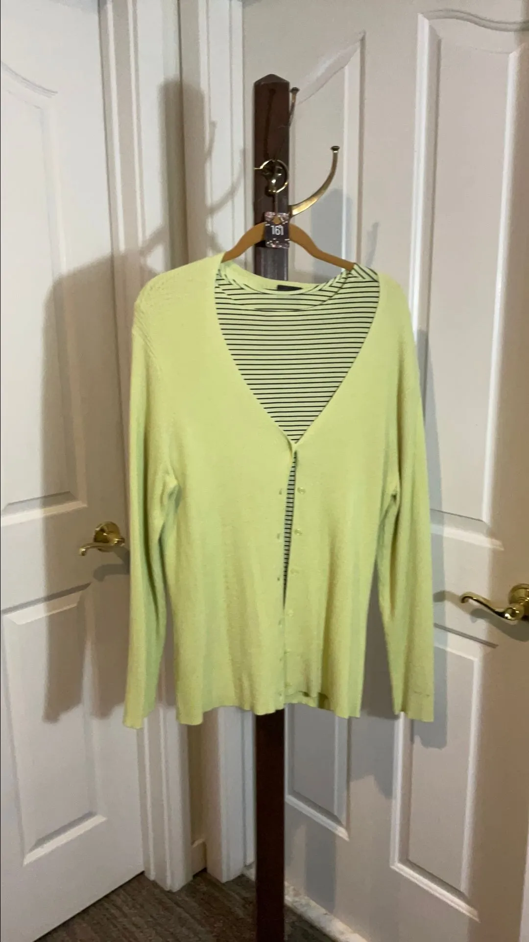 Product image for 161 George Woman 2 piece Top set US Green Black Stripe button knit cardigan & short sleeve top