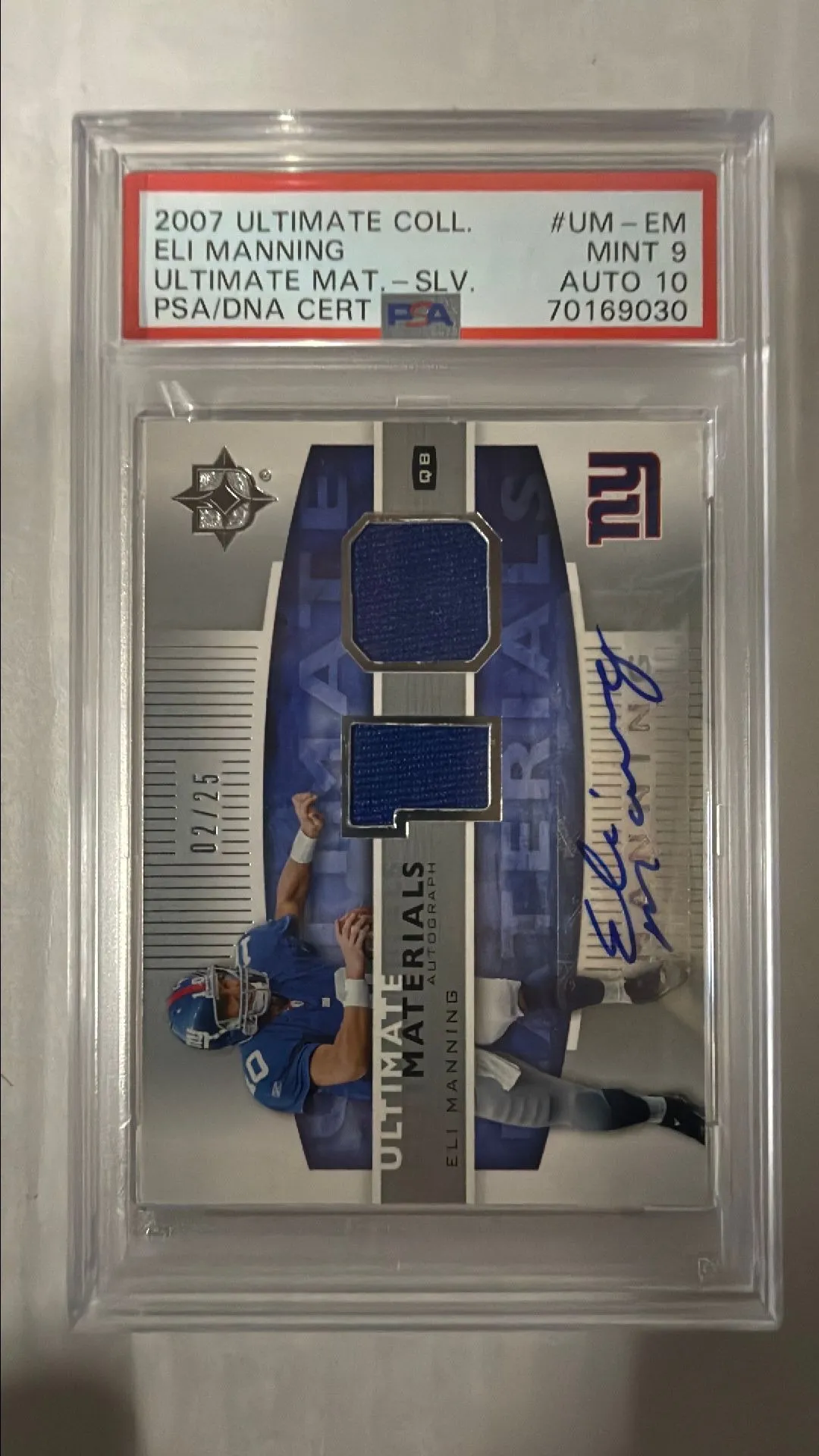 Product image for 2007 Ultimate Collection Ultimate Materials Eli Manning UM-EM Ultimate Mat.-Slv. PSA MINT 9