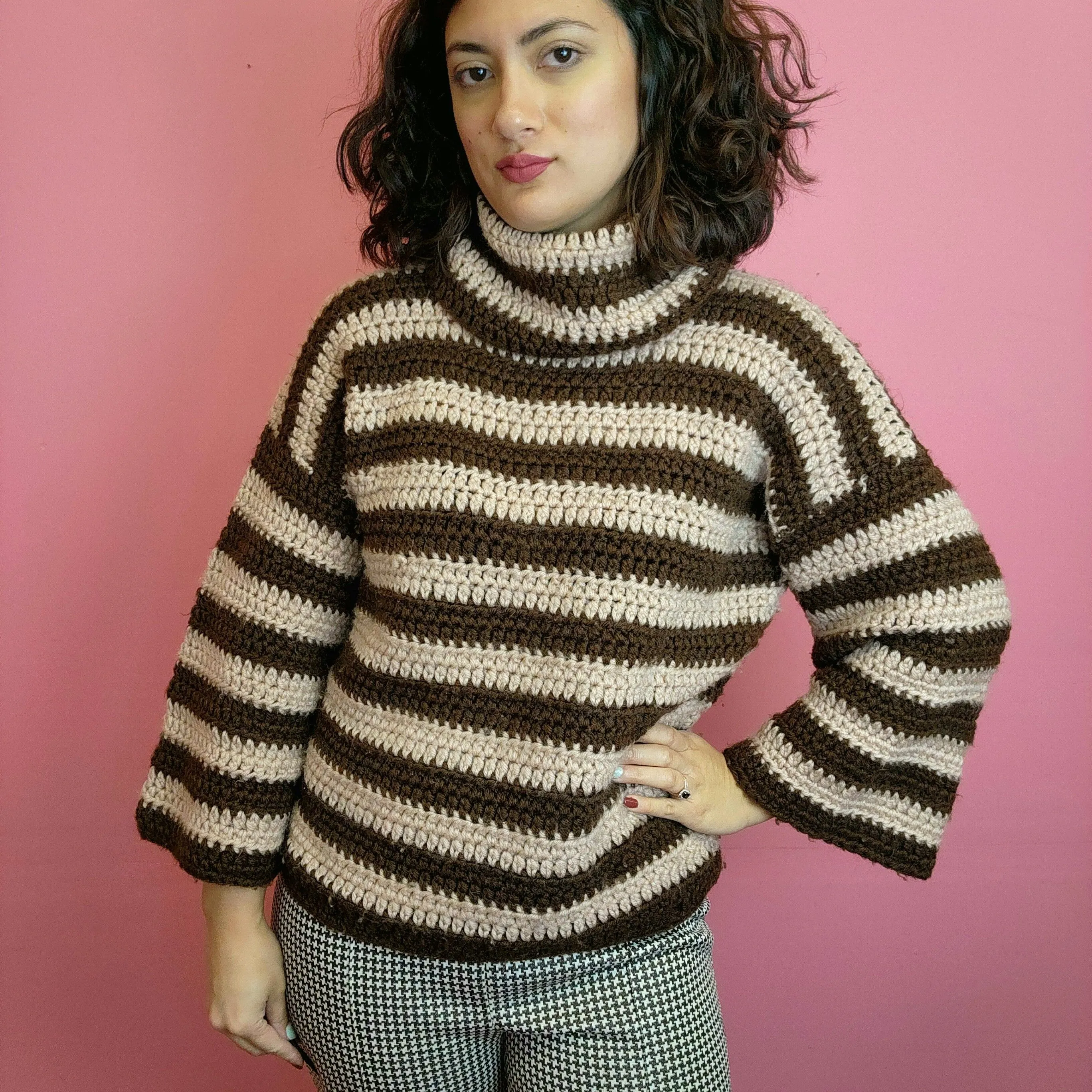 Product image for 80's brown tan striped crochet turtleneck sweater