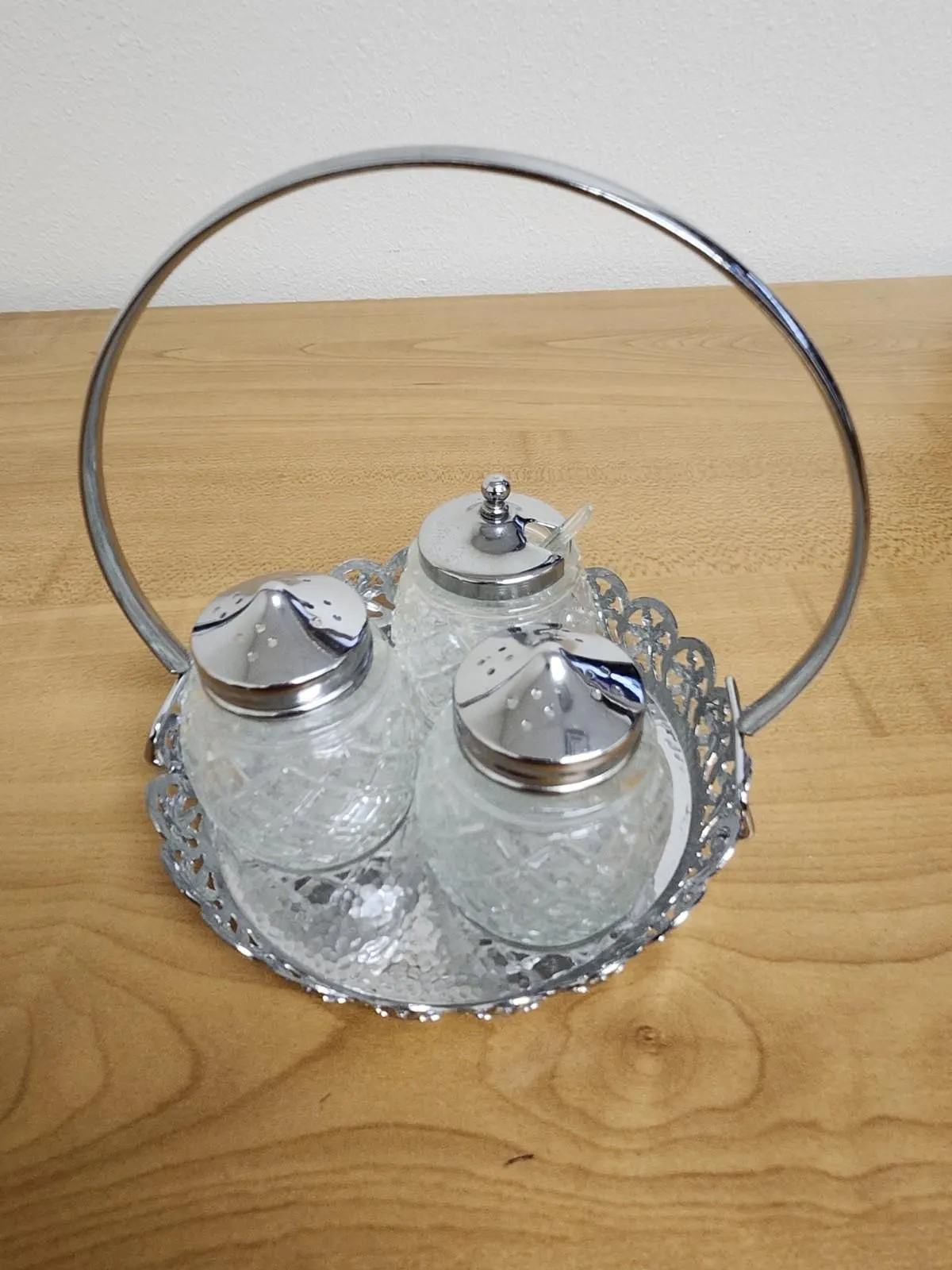Product image for Vintage Silver Plated and Glass  Salt Pepper Sugar Caddy Set With Tray England