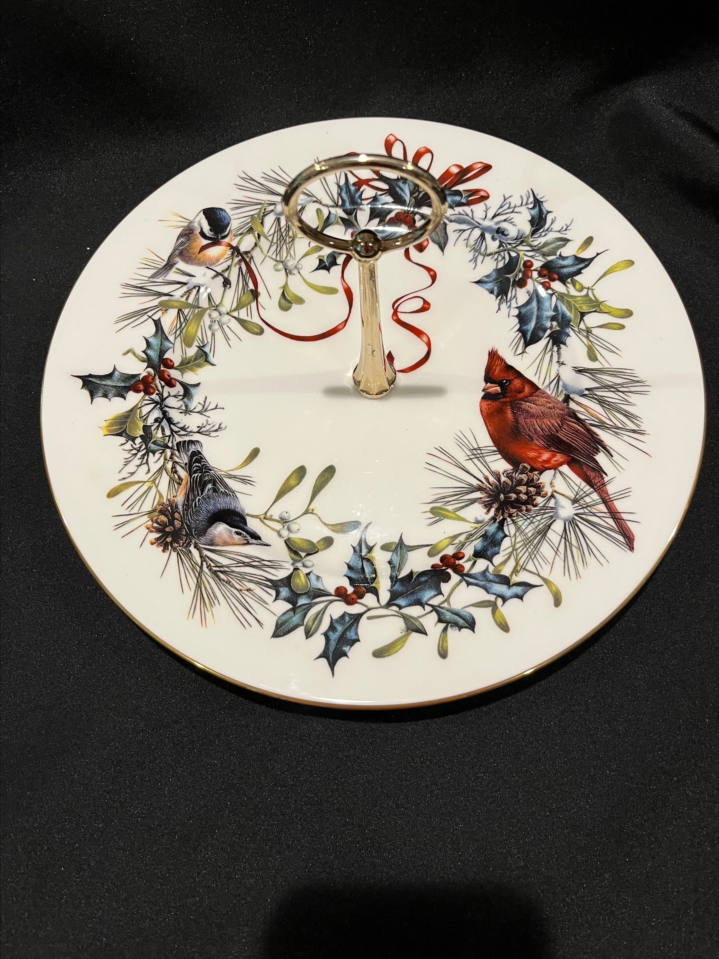 Product image for Lenox Winter Greetings Birds Porcelain China 11” Tidbit Tray Handled Plate