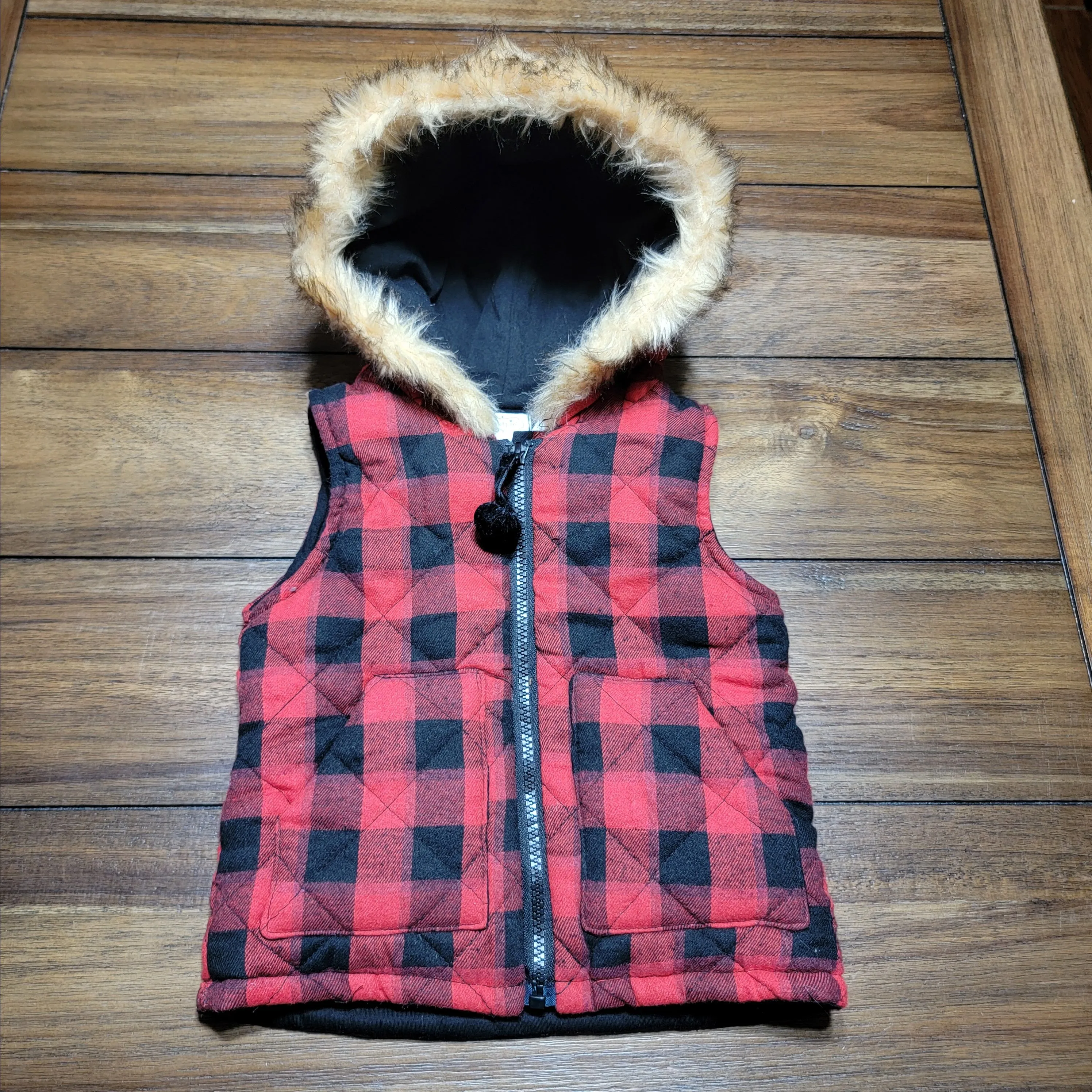 Product image for Mud Pie Red Flannel Puffer Vest w/ Faux Fur Lined Hood - Size Medium (2T-3T) NWT