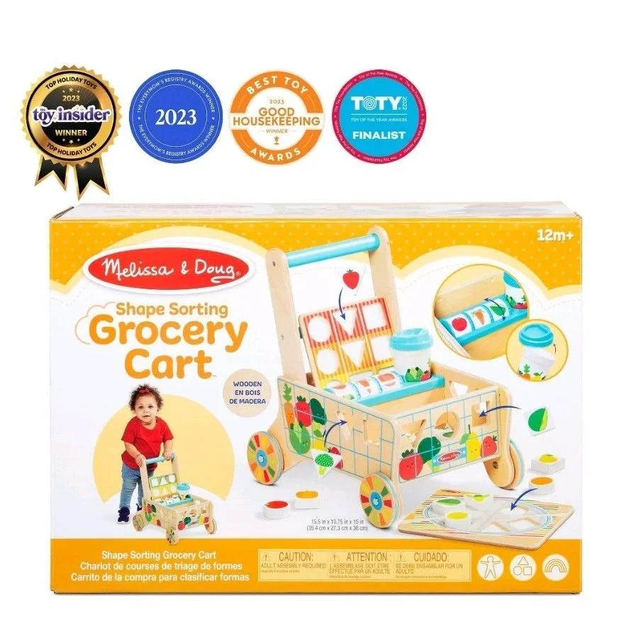 Product image for Melissa & Doug Wooden Shape Sorting Grocery Cart Push Toy
and Puzzles