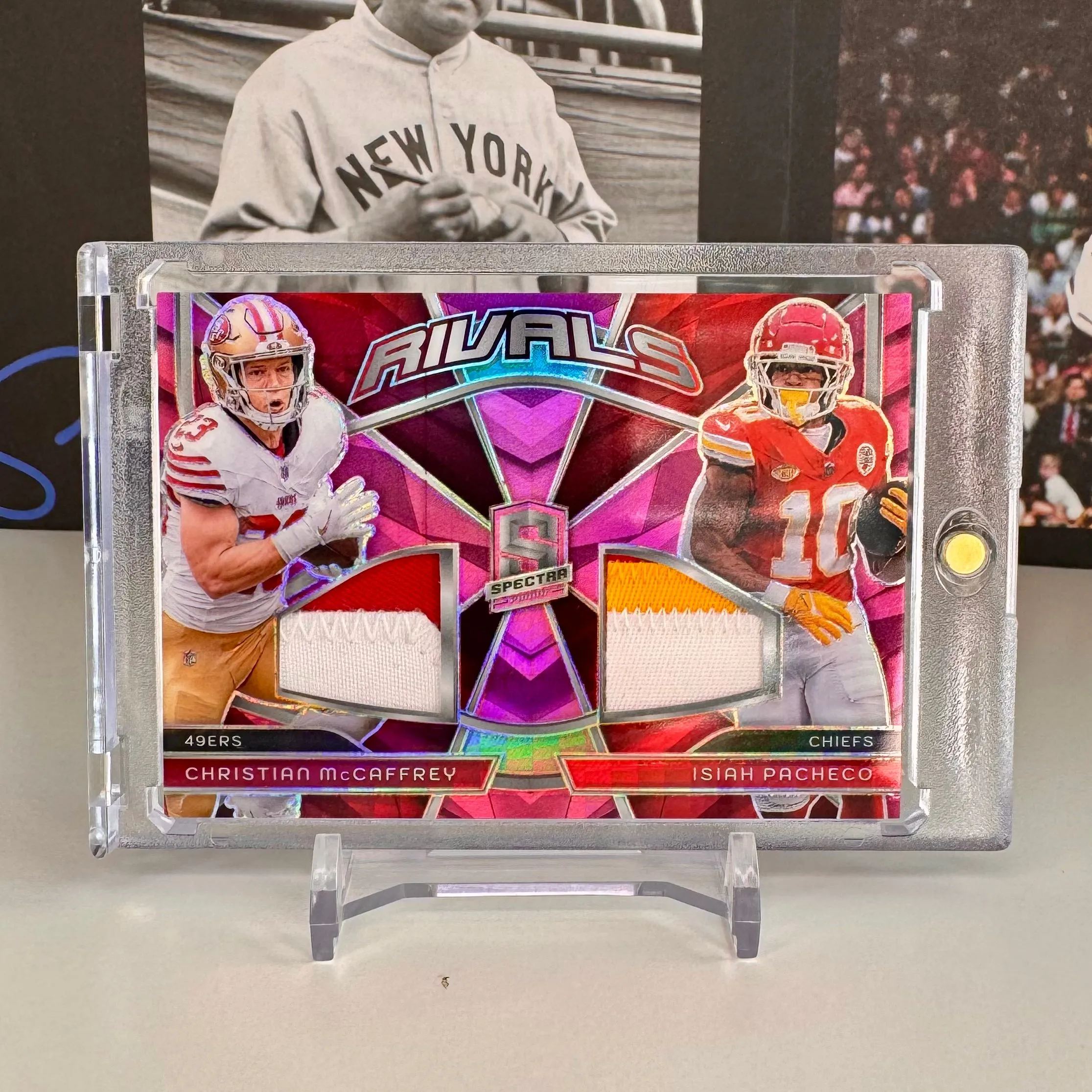 Product image for CHRISTIAN MCCAFFREY & ISIAH PACHECO 2024 Spectra Rivals /15 Dual Patches 49ers Chiefs