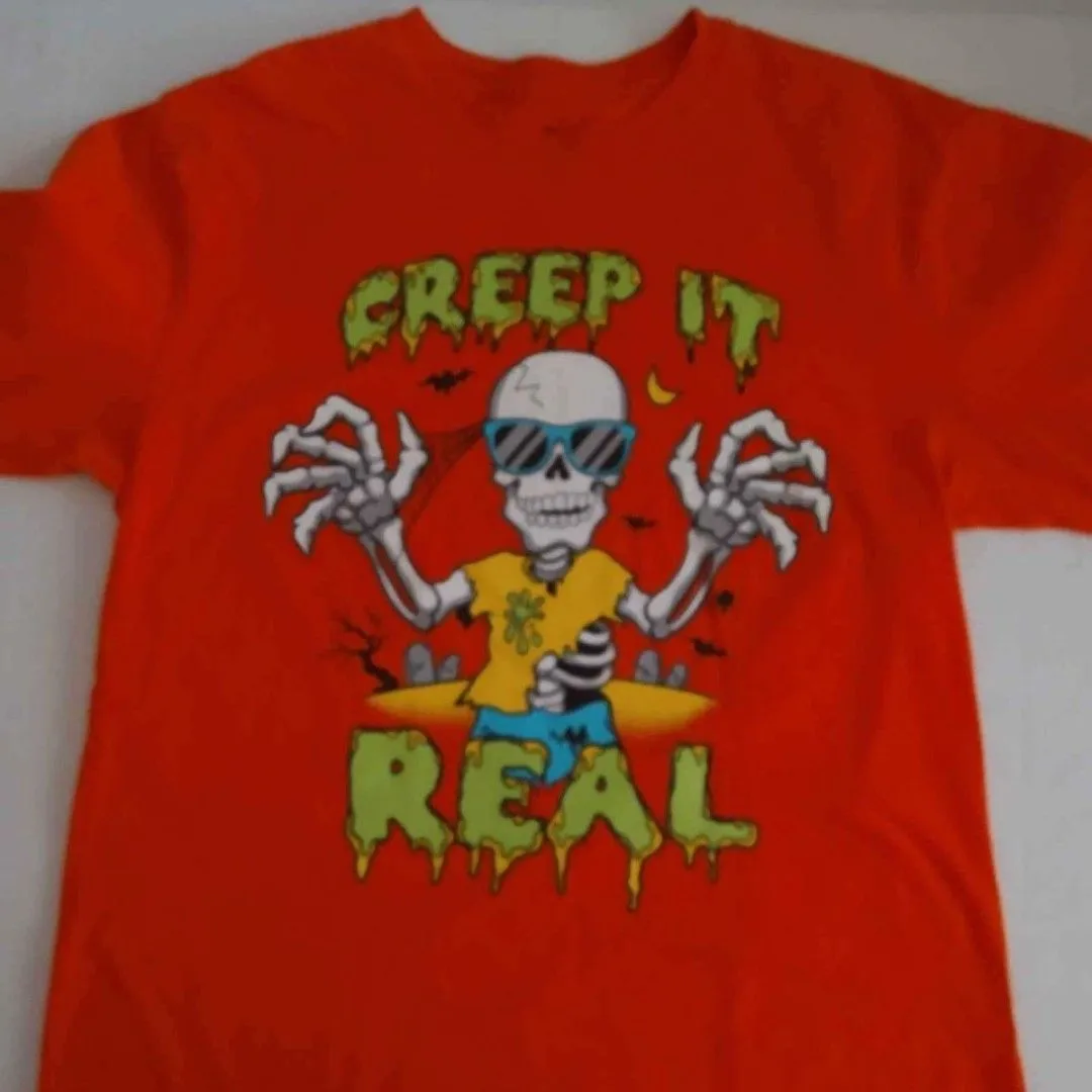 Product image for Youth Orange Creep It Real Halloween Skeleton Graphic Tee T-Shirt