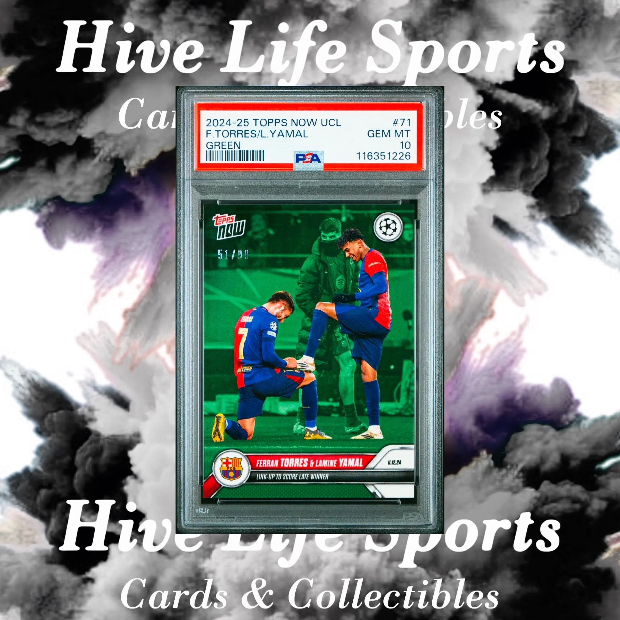 Product image for Lamine Yamal + Ferran Torres 2024-25 Topps Now UCL Green /99 #71 Barcelona PSA 10
