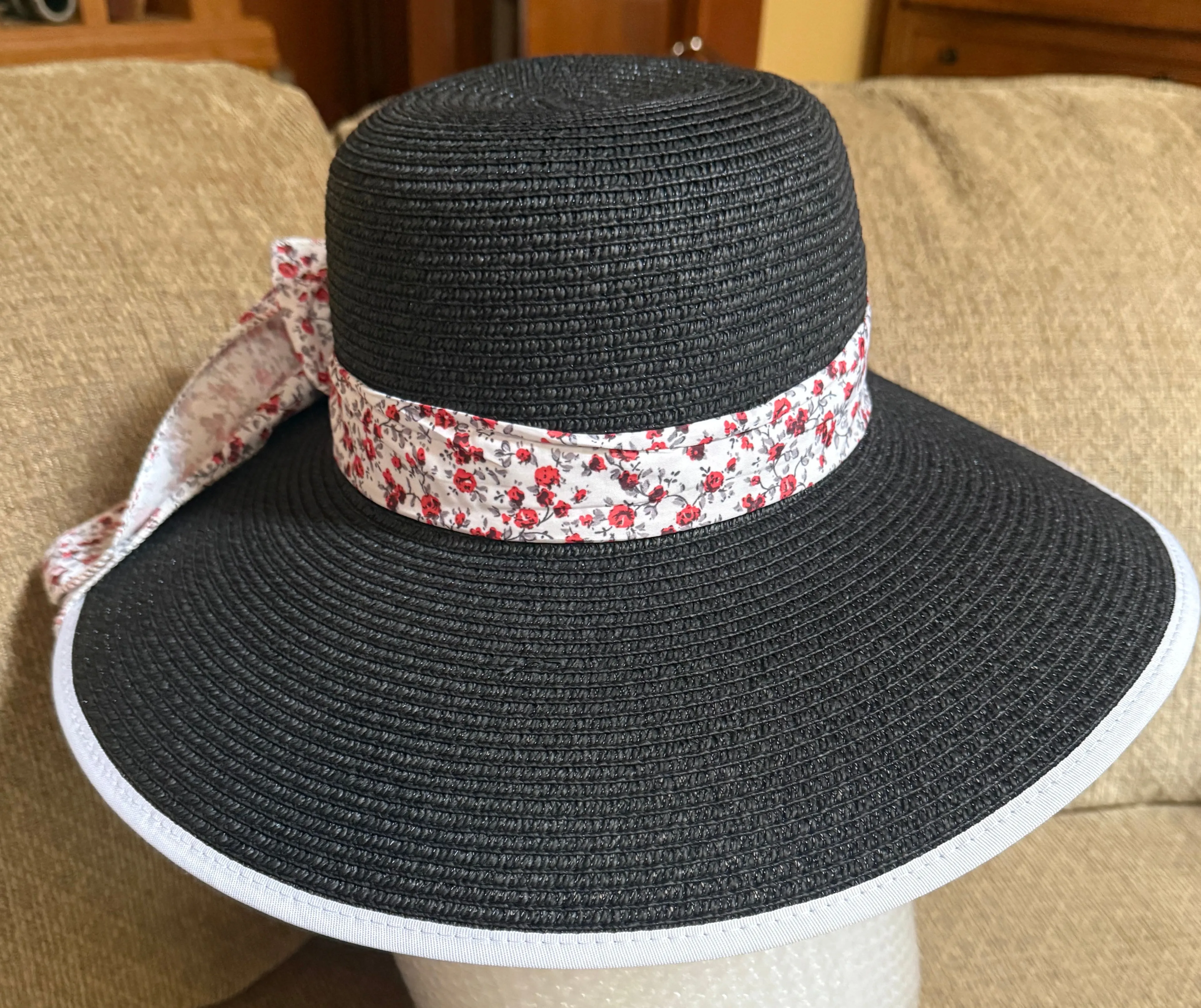 Product image for Sun Hat #2: Black w/ White Trim, Red Floral Ribbon, No Signs of Wear