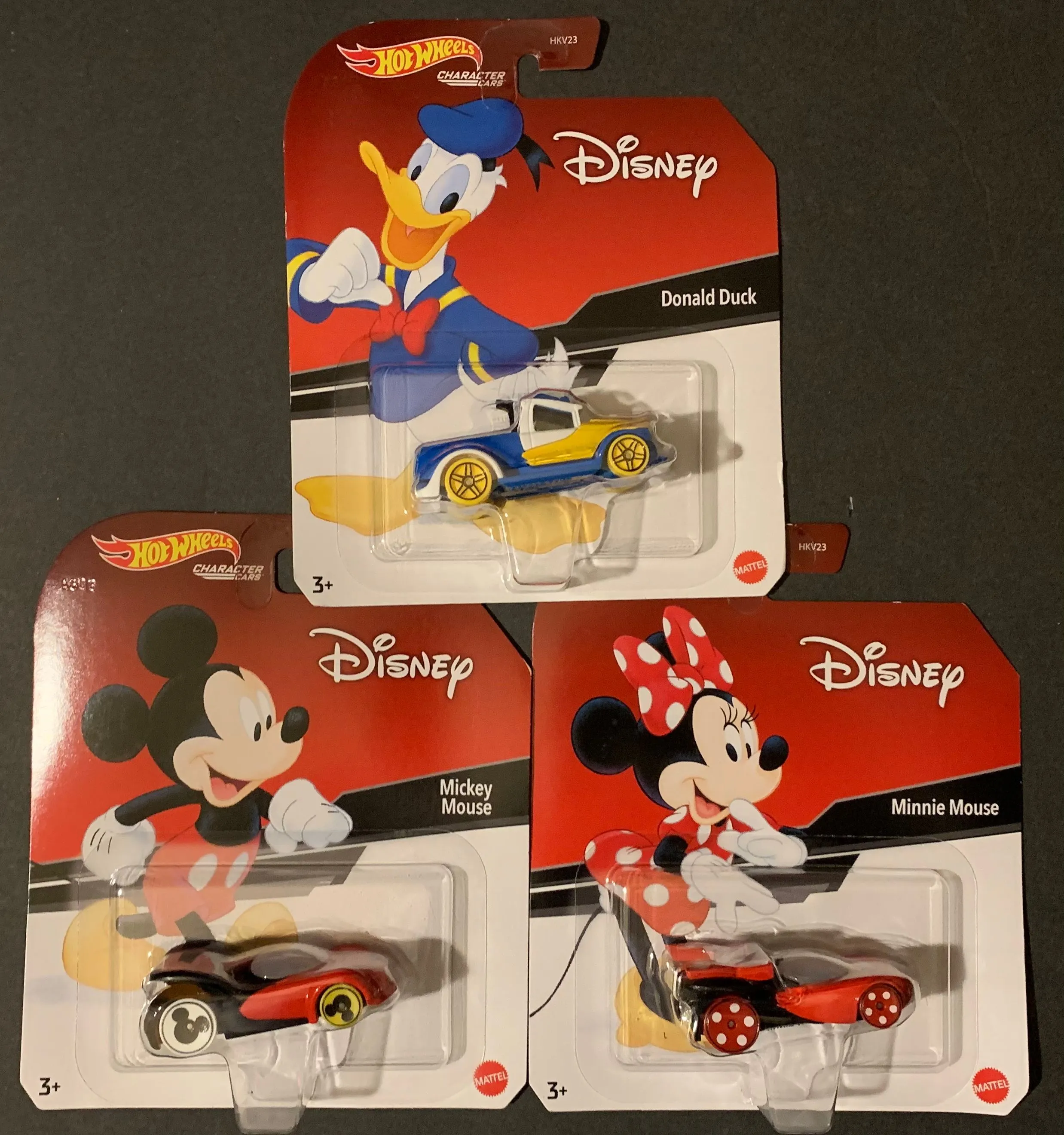 Product image for 2020 Hot Wheels Character Cars Disney 3 Car Lot (Mickey Mouse, Minnie Mouse, Donald Duck)