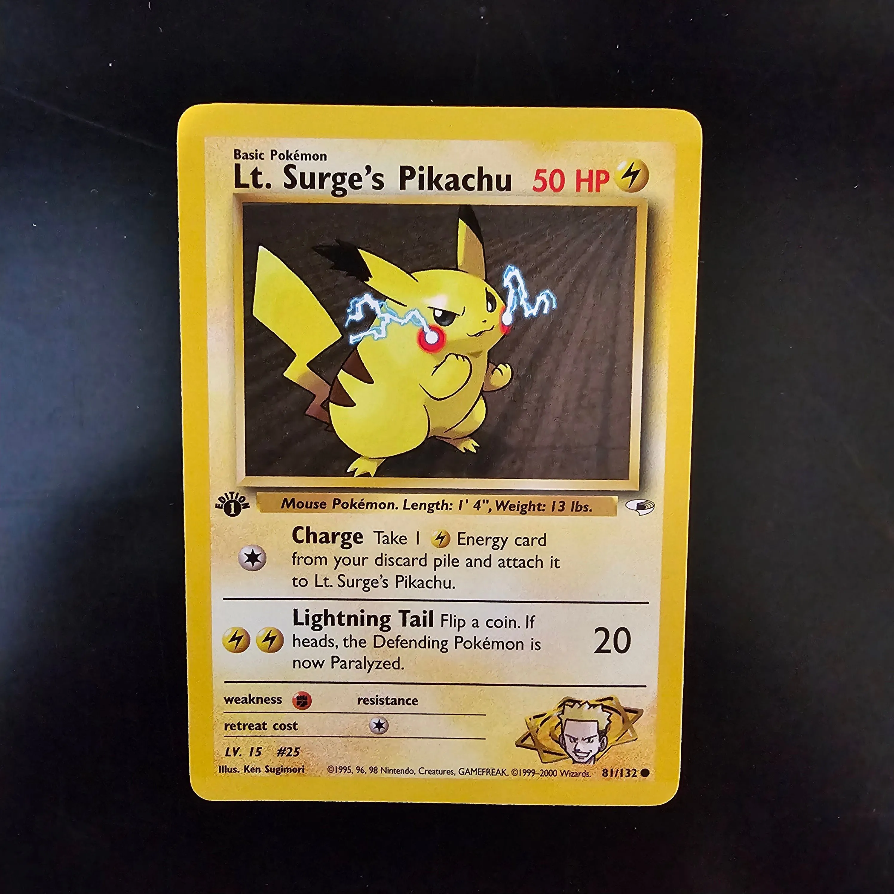 Product image for 1st edition Lt. Surges Pikachu - Gym Heros - pokemon card NM/EXC