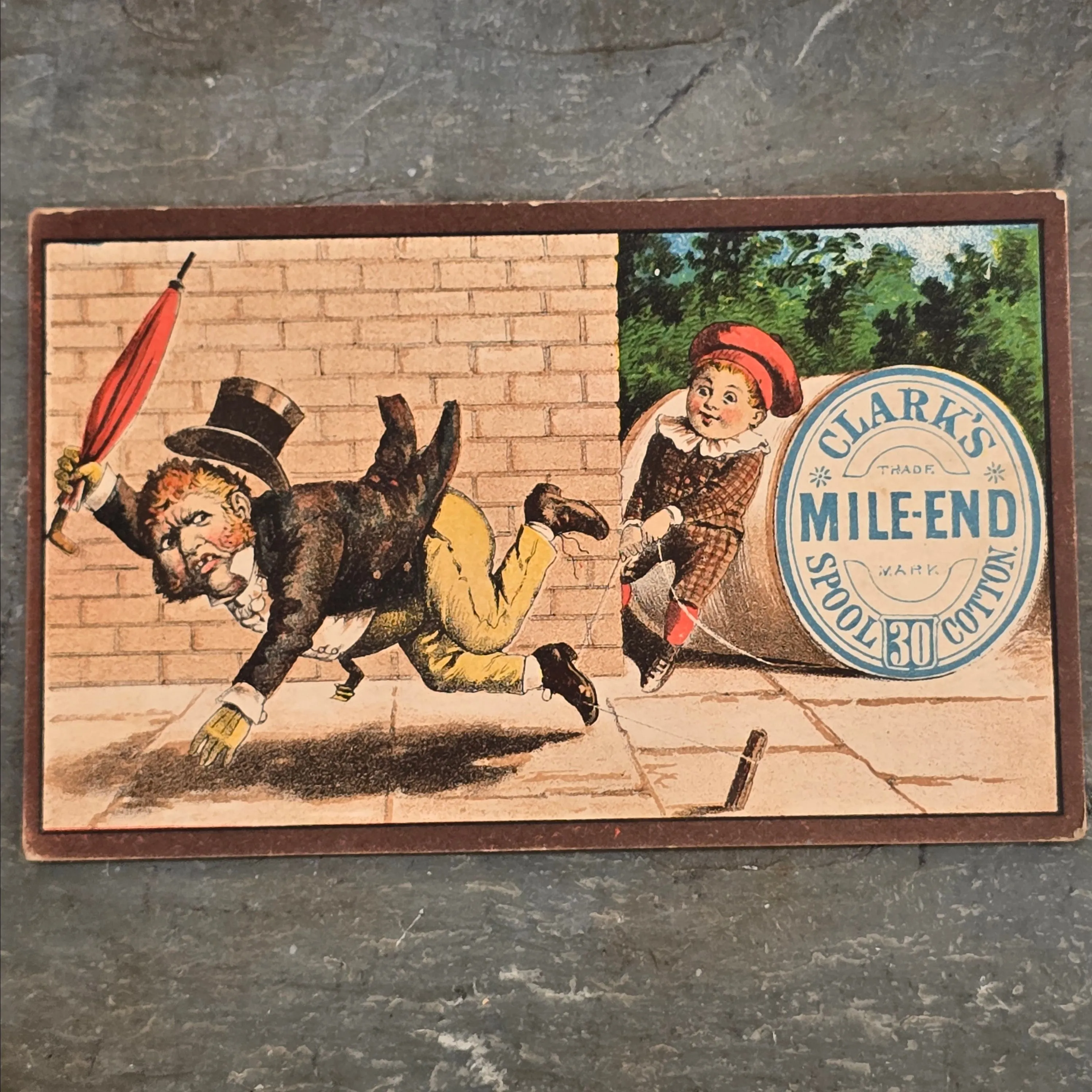 Product image for Clark's Mile-End Spool Cotton Thread Antique Advertising Victorian Trade Card Kid Tripping Man (WNB2-276)