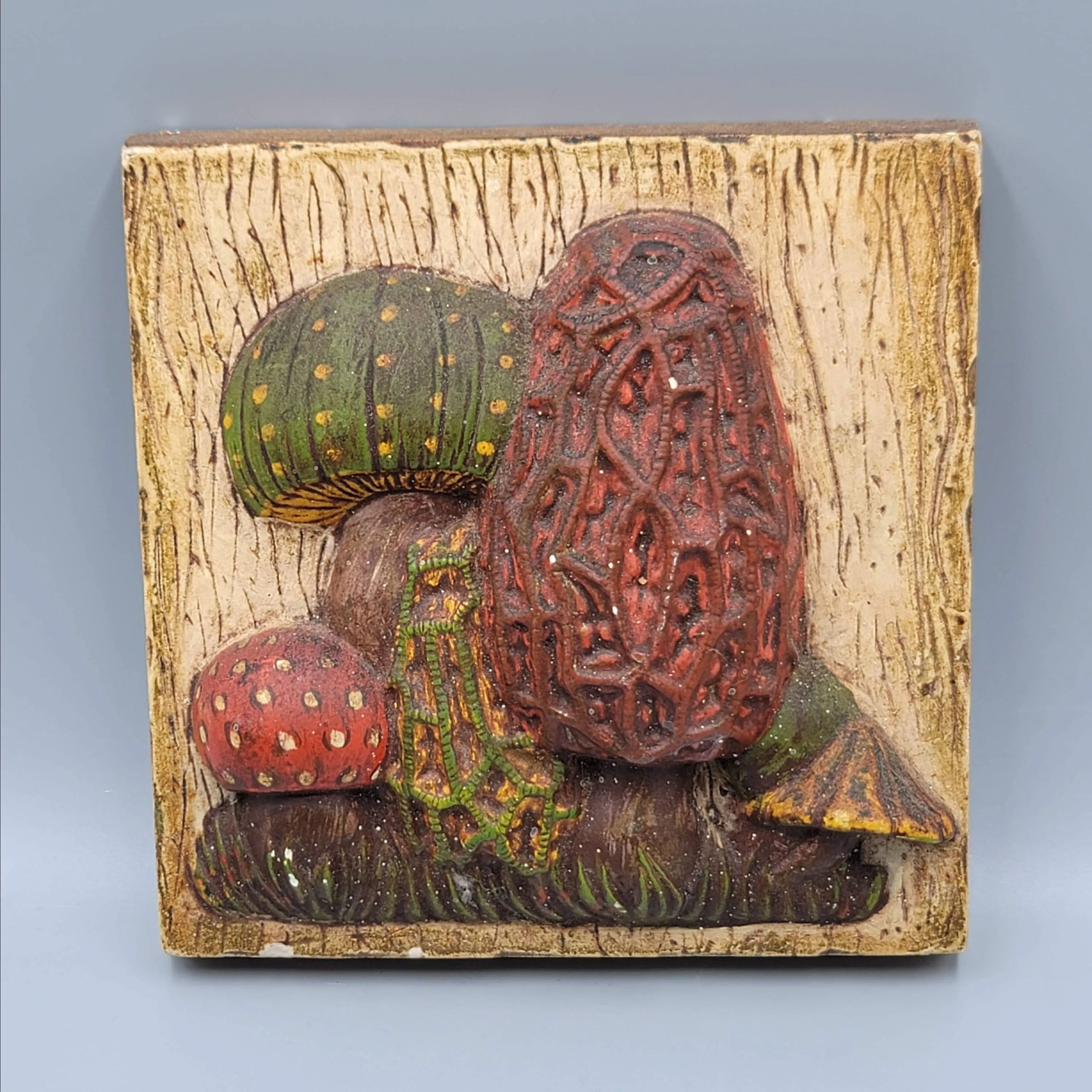 Product image for Vintage Ceramic Wall Plaque Morel Mushroom Relief Jackie 1972 Decor 5"x5"