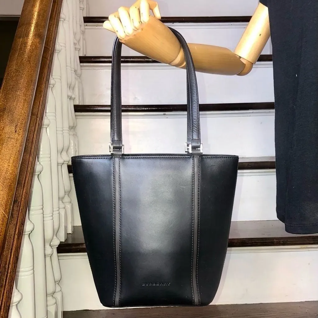 Product image for BURBERRY Black Leather Tote with Grey Accent Stripes and Nova Check Lining
