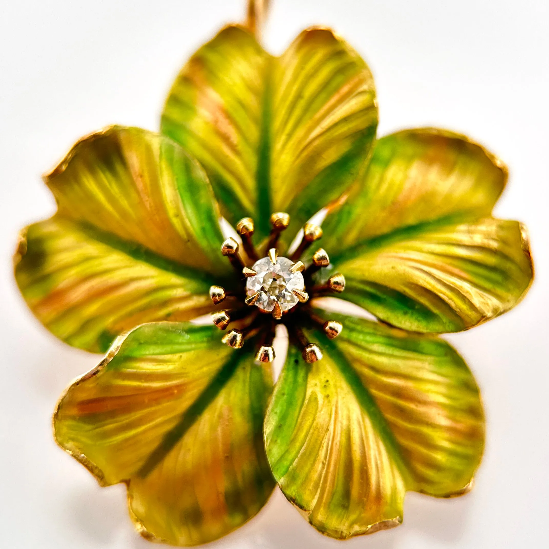 Product image for Art Nouveau 10K Gold Diamond Flower Brooch/Pendant. Hand Painted Enamel on Engraved Petals. 1" x 1"YYW0024