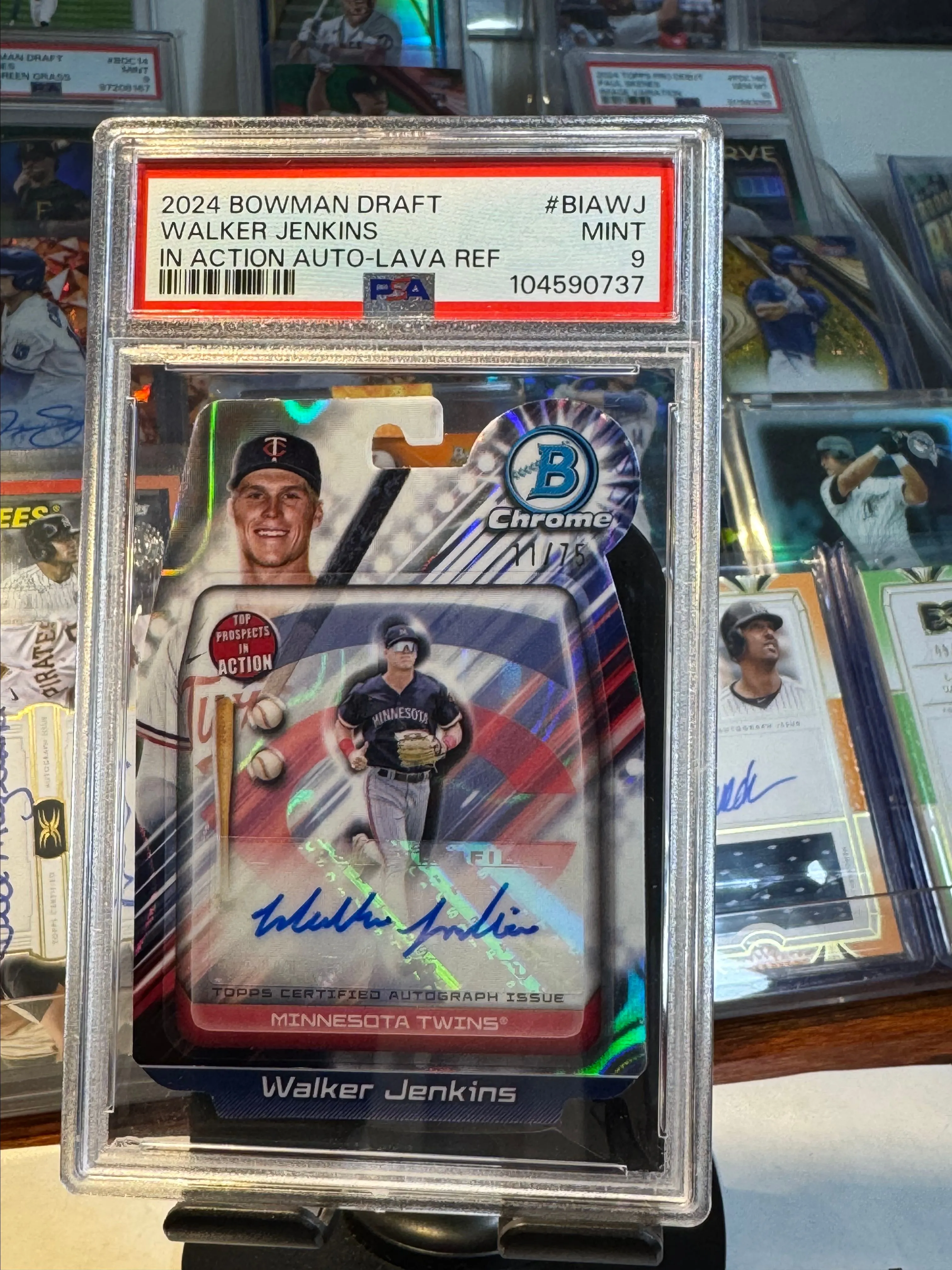 Product image for 2024 Bowman Draft Bowman in Action Lava Refractor Autograph Walker Jenkins /75 PSA 9
