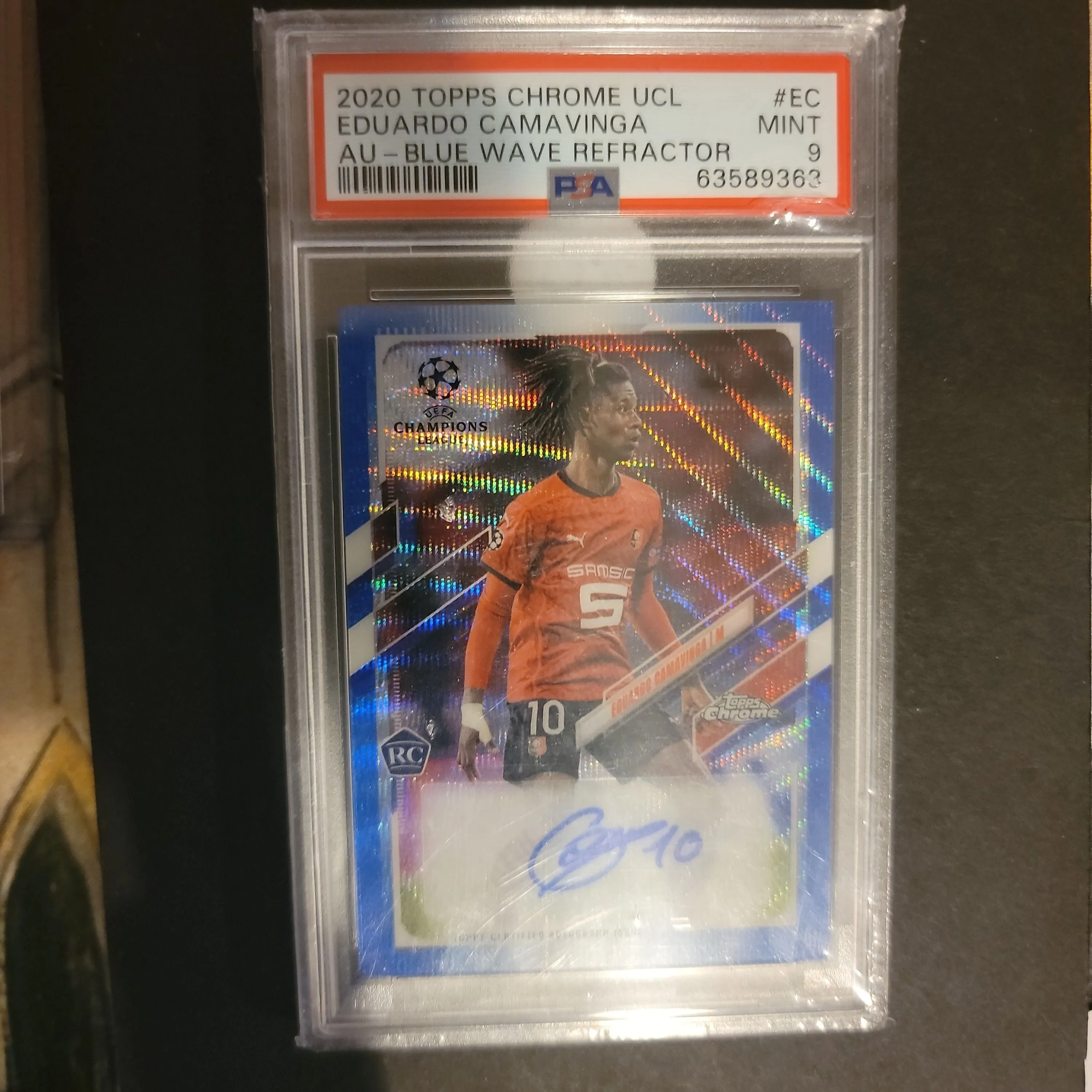 Product image for 2020 Topps Chrome Uefa Champions League Autographs Eduardo Camavinga Au-Blue Wave Refractor PSA MINT 9