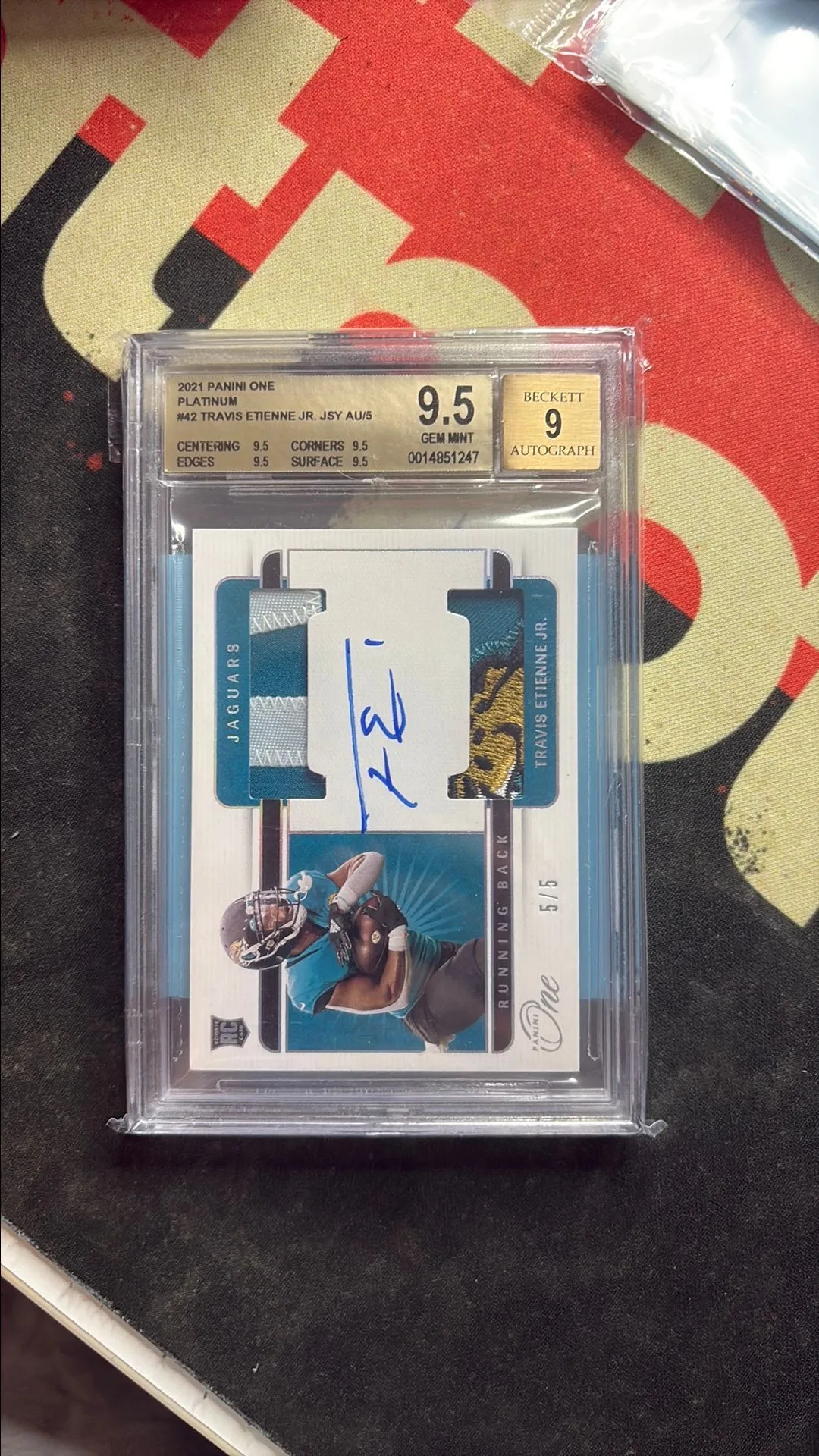 Product image for 2021 Panini One Travis Etienne Jr RPA 5/5 BGS 9.5 JAG PATCH