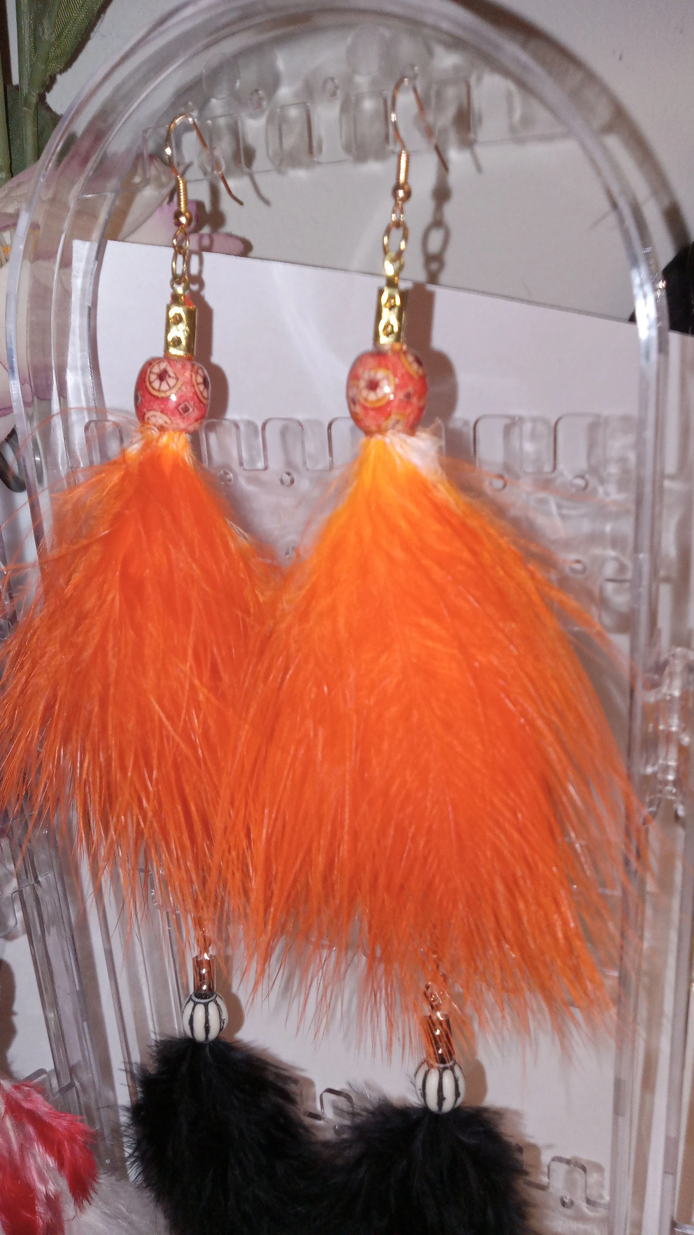 Product image for F1. Feather Earrings Orange Pierced Handcrafted #4