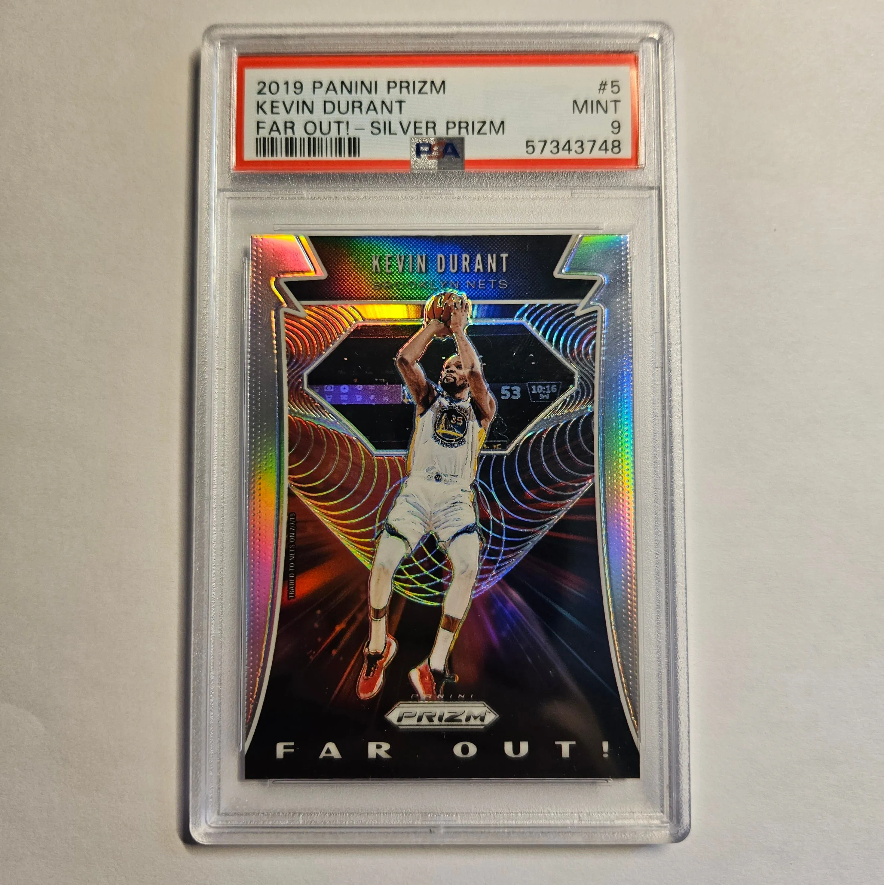 Product image for Kevin Durant 2019 Panini Prizm - PSA 9 - Far Out! Silver Prizm
ONLY 6 GRADED IN POPULATION !! - This