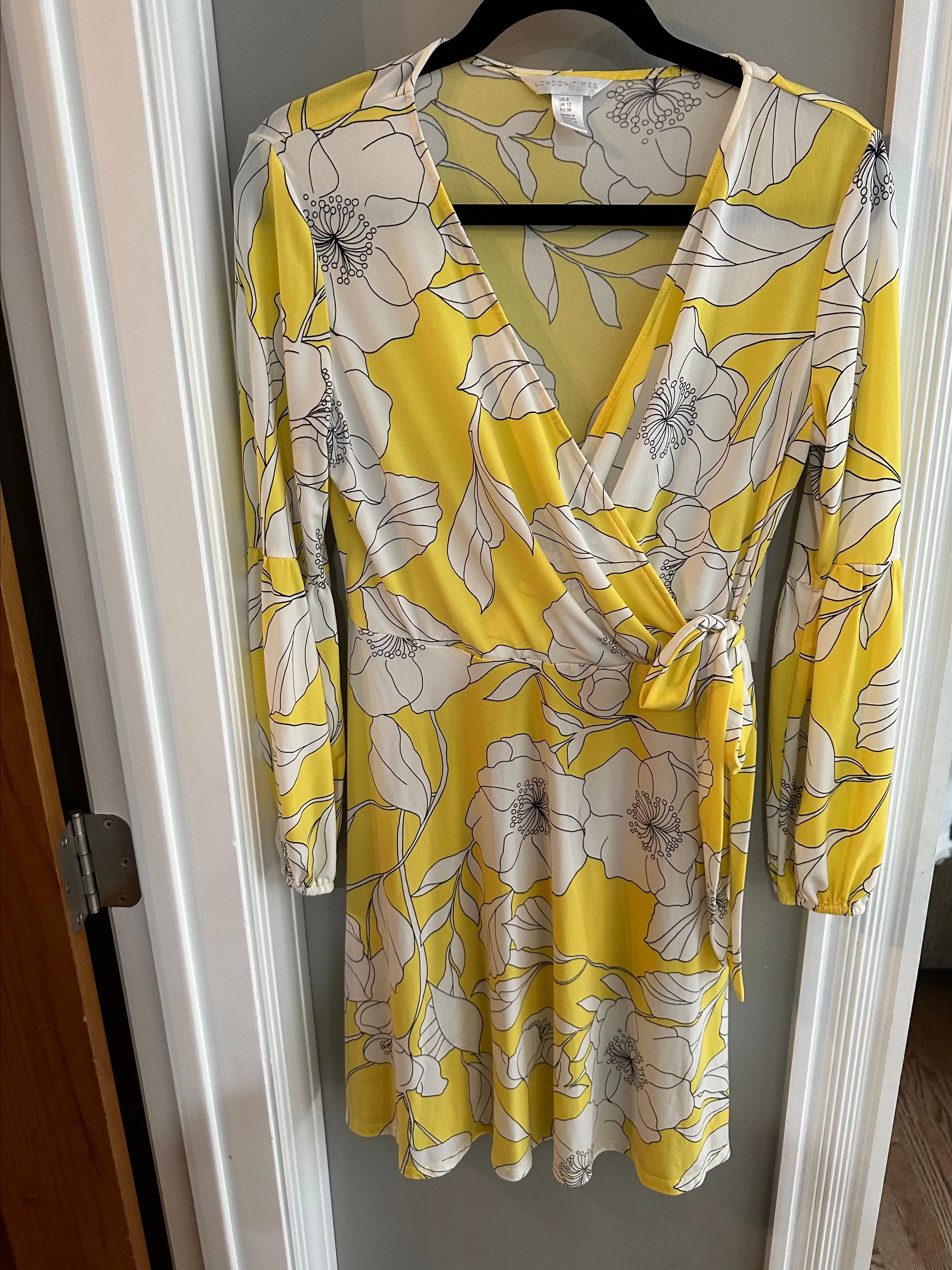 Product image for London Times Bold Yellow Flower Jersey Wrap Dress 8