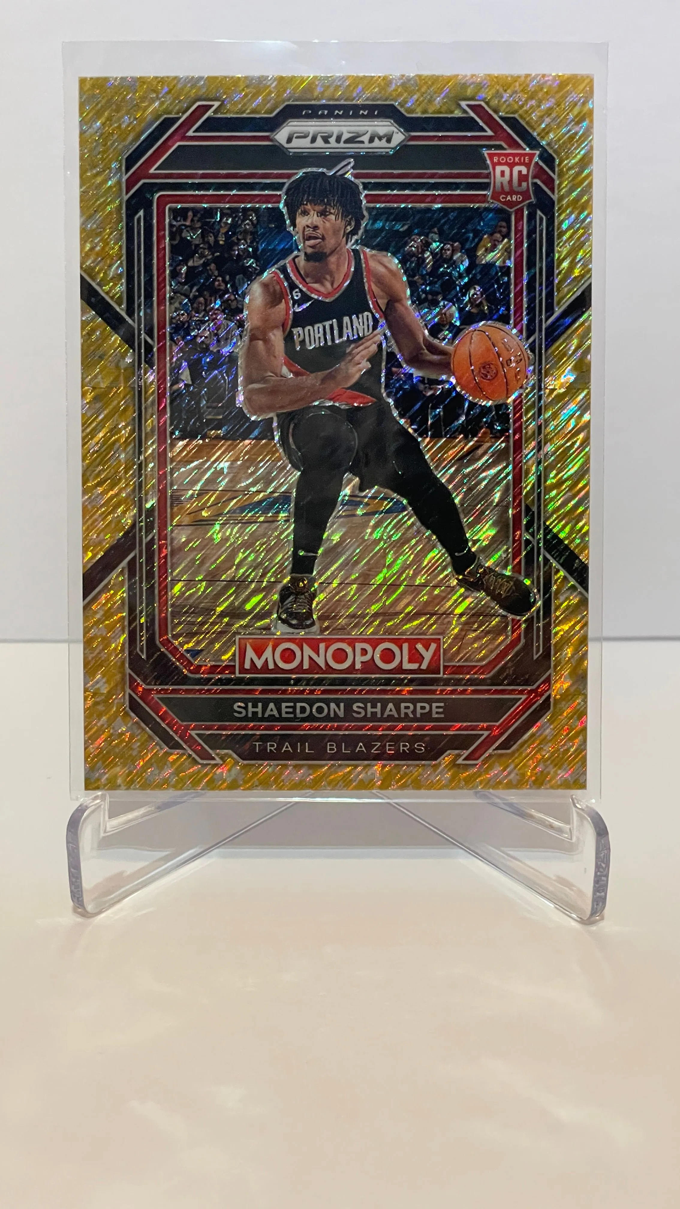 Product image for 2022 Prizm Monopoly Shaedon Sharpe Gold Money Shimmer 481/500 RC Blazers