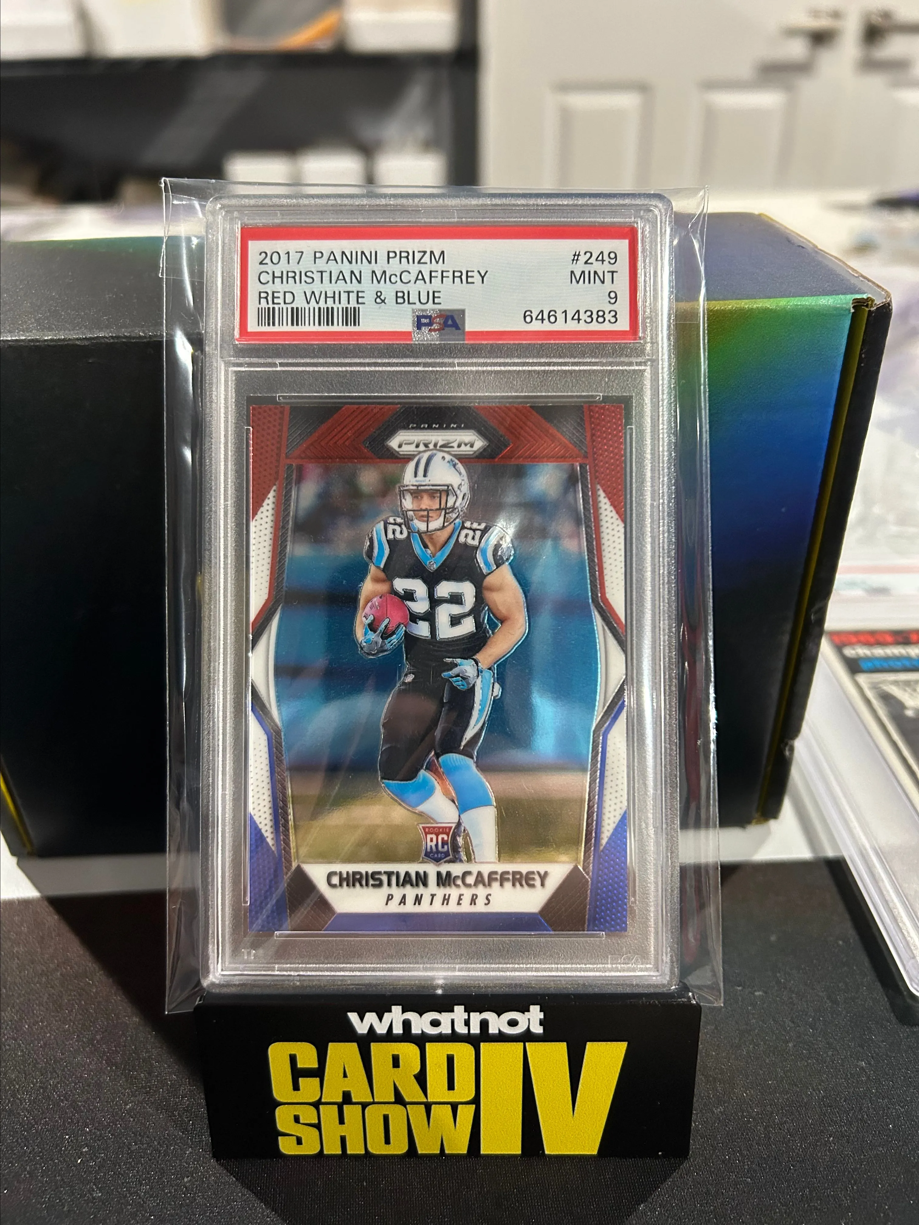 Product image for Christian McCaffrey Prizm Red White Blue Rookie PSA 9