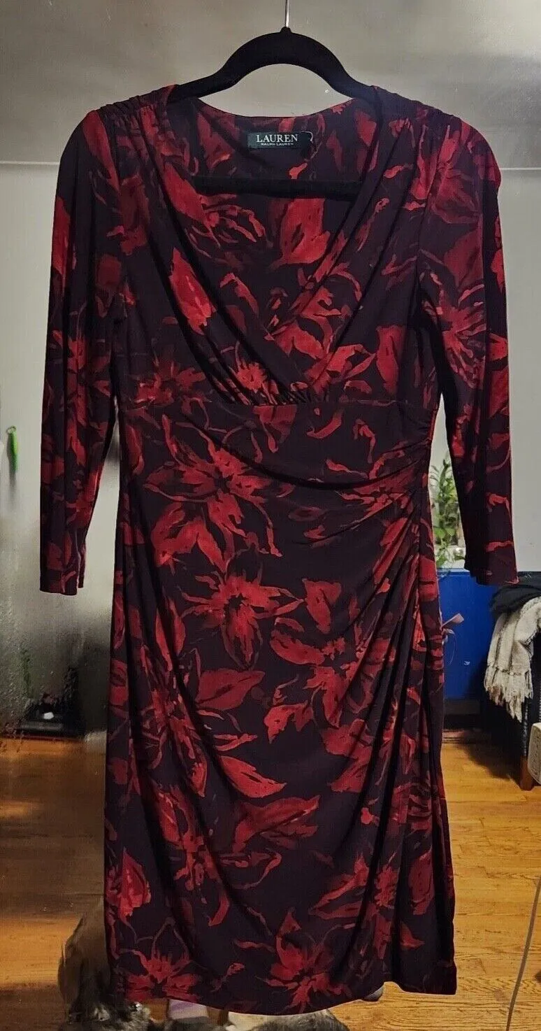 Product image for Ralph Lauren Wrapped Midi Dress Black/Red Floral Pattern Women's Size 4
