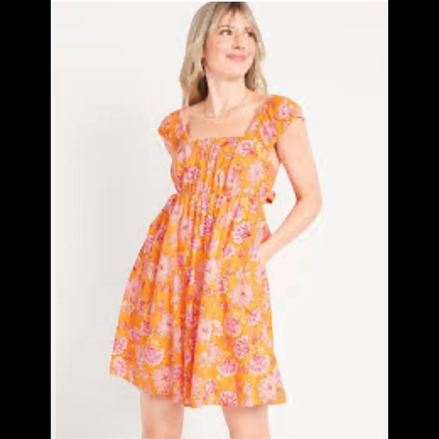 Product image for Cap Sleeve Floral Print Cutout Back Bow Dress Large Orange