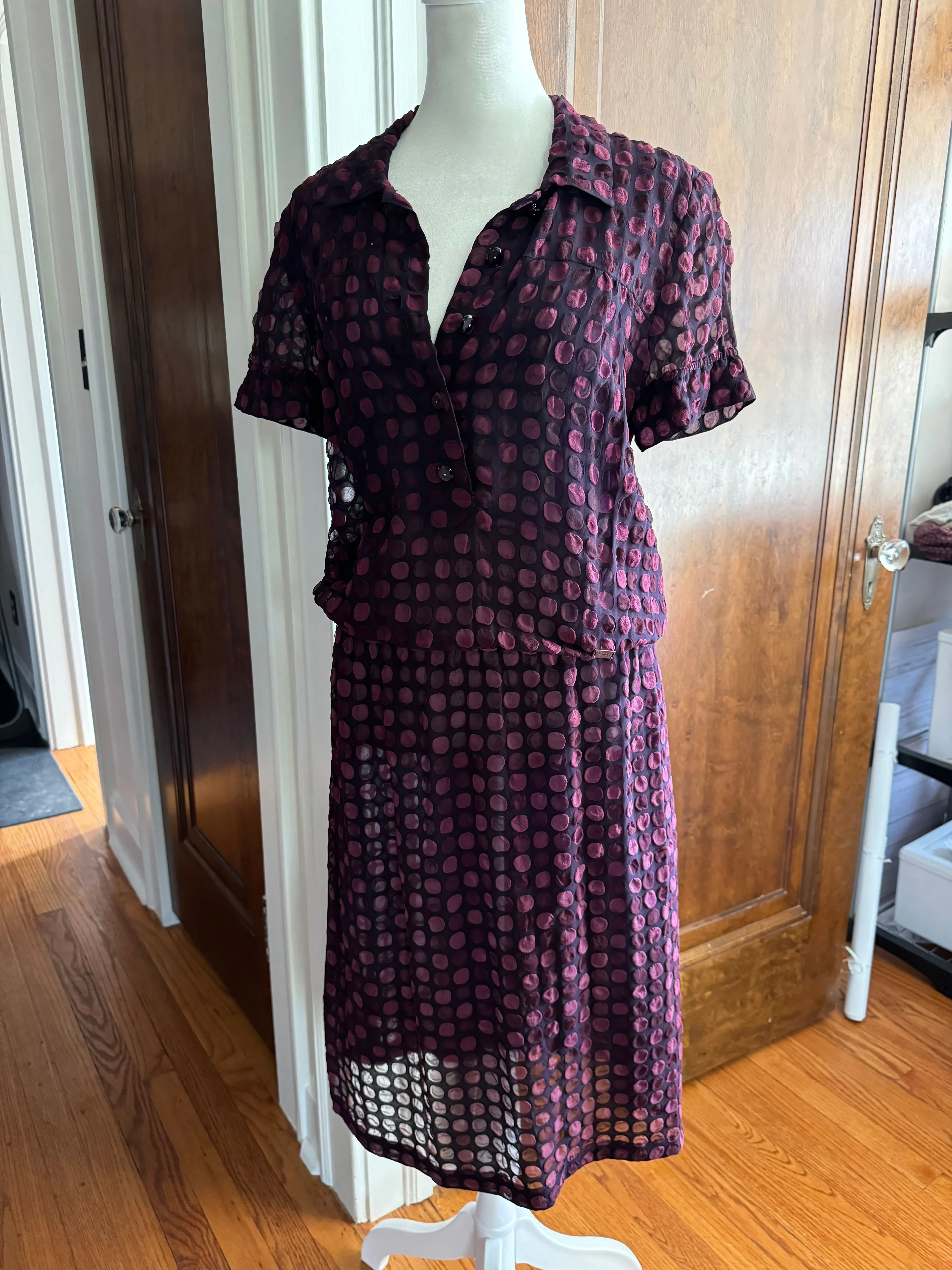 Product image for 553 Chanel Burgundy and Navy Polka Dot Dress, FR 36